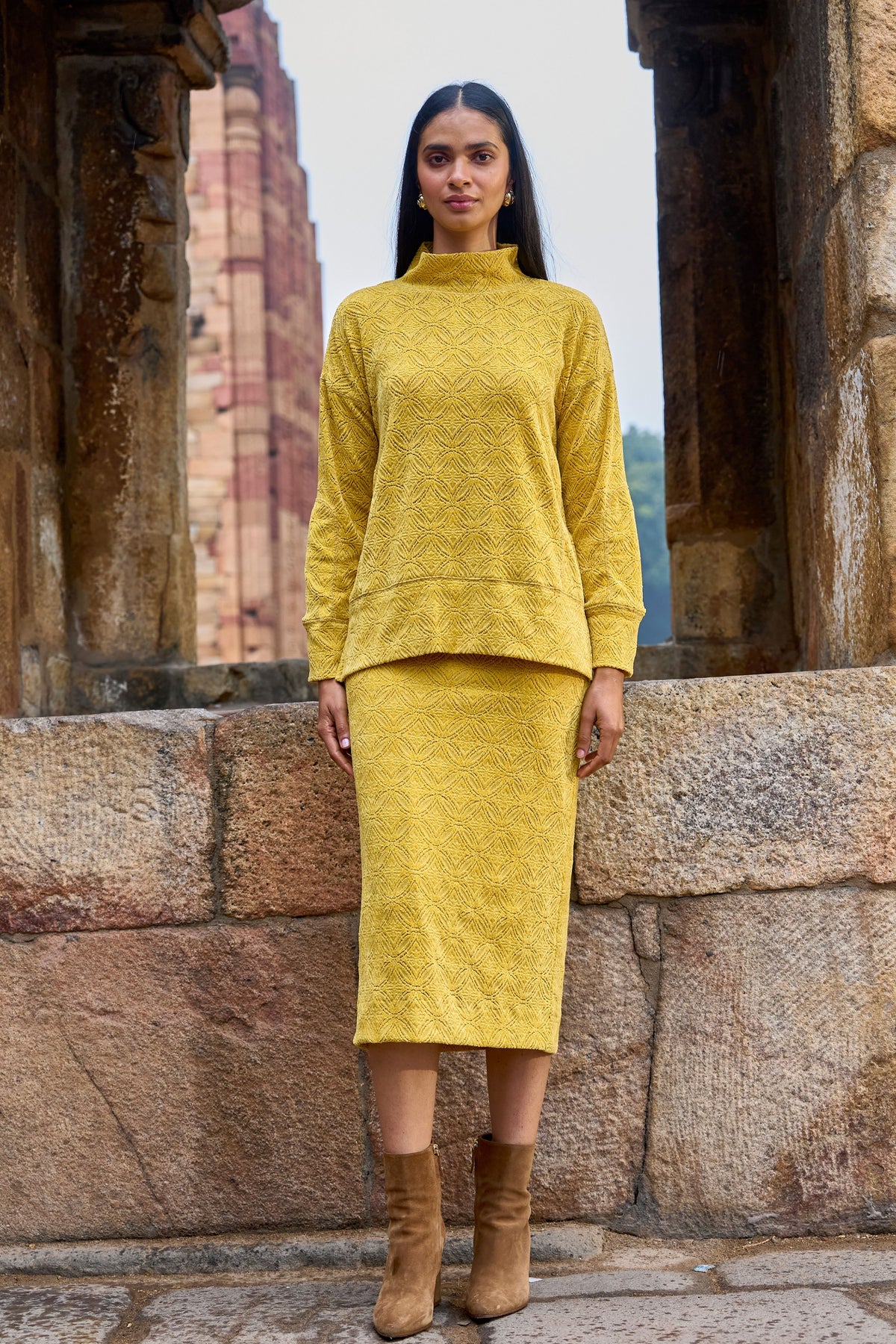 Yellow Knitted Lace Midi Skirt