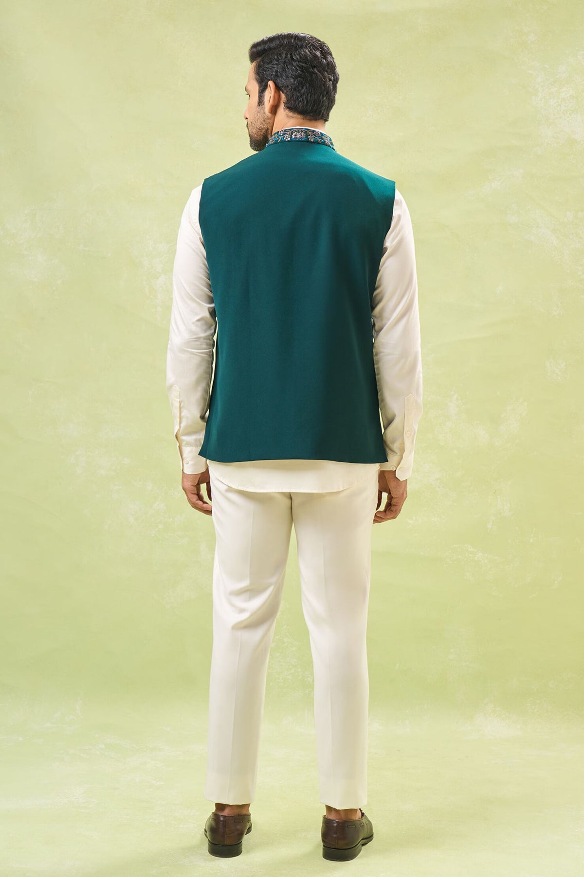 Teal Green Embroidered Nehru Jacket