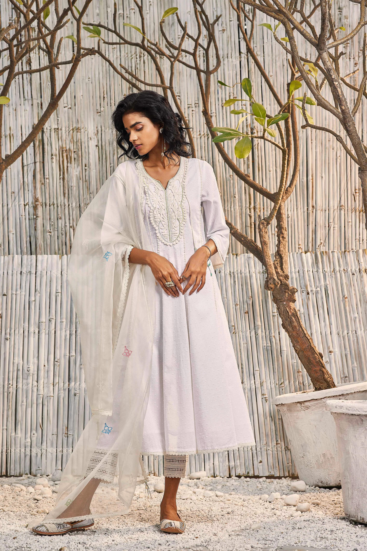 Off-White Flairy Cotton Anarkali Set