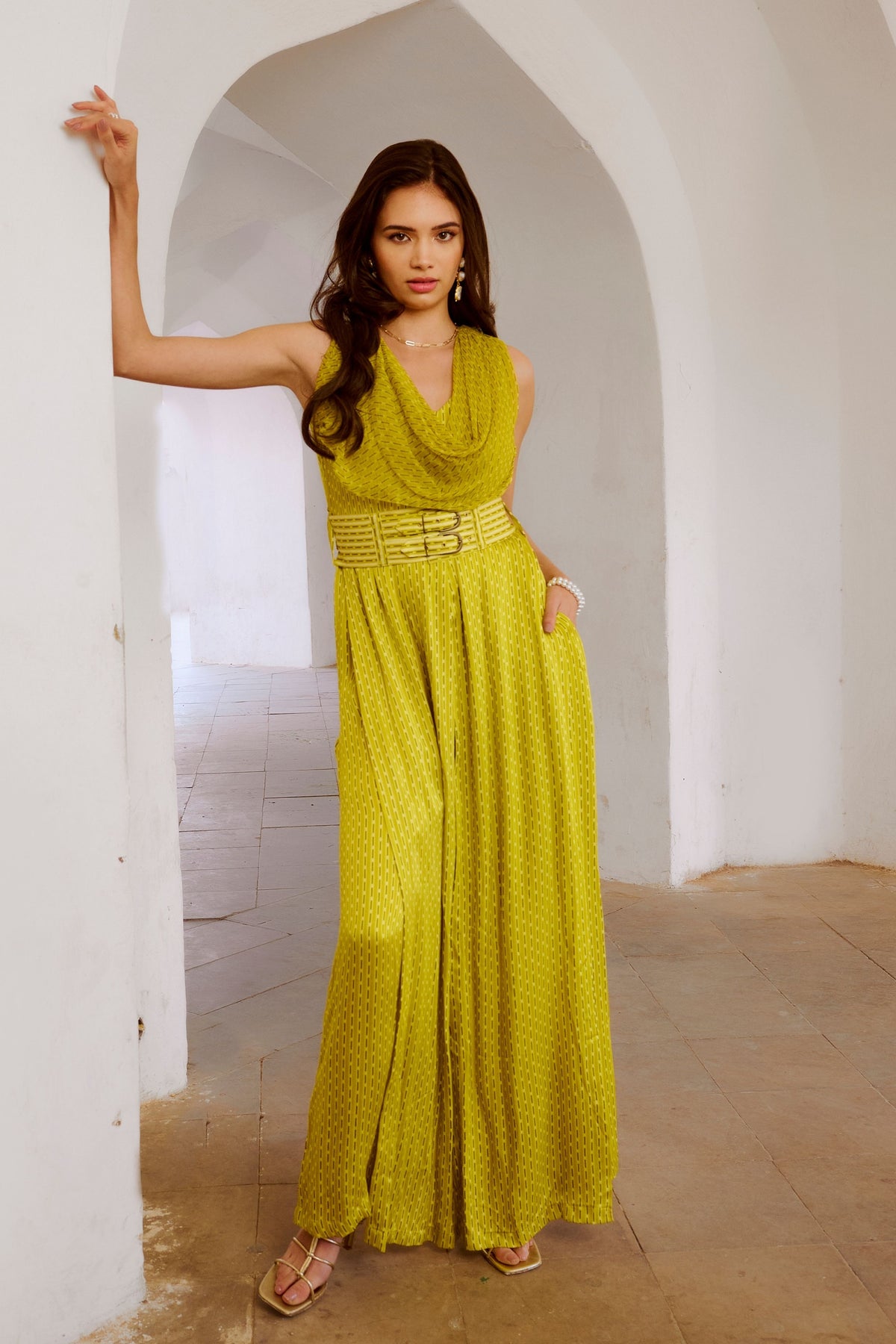 Lemon Green Cowl Jumpsuit With Belt