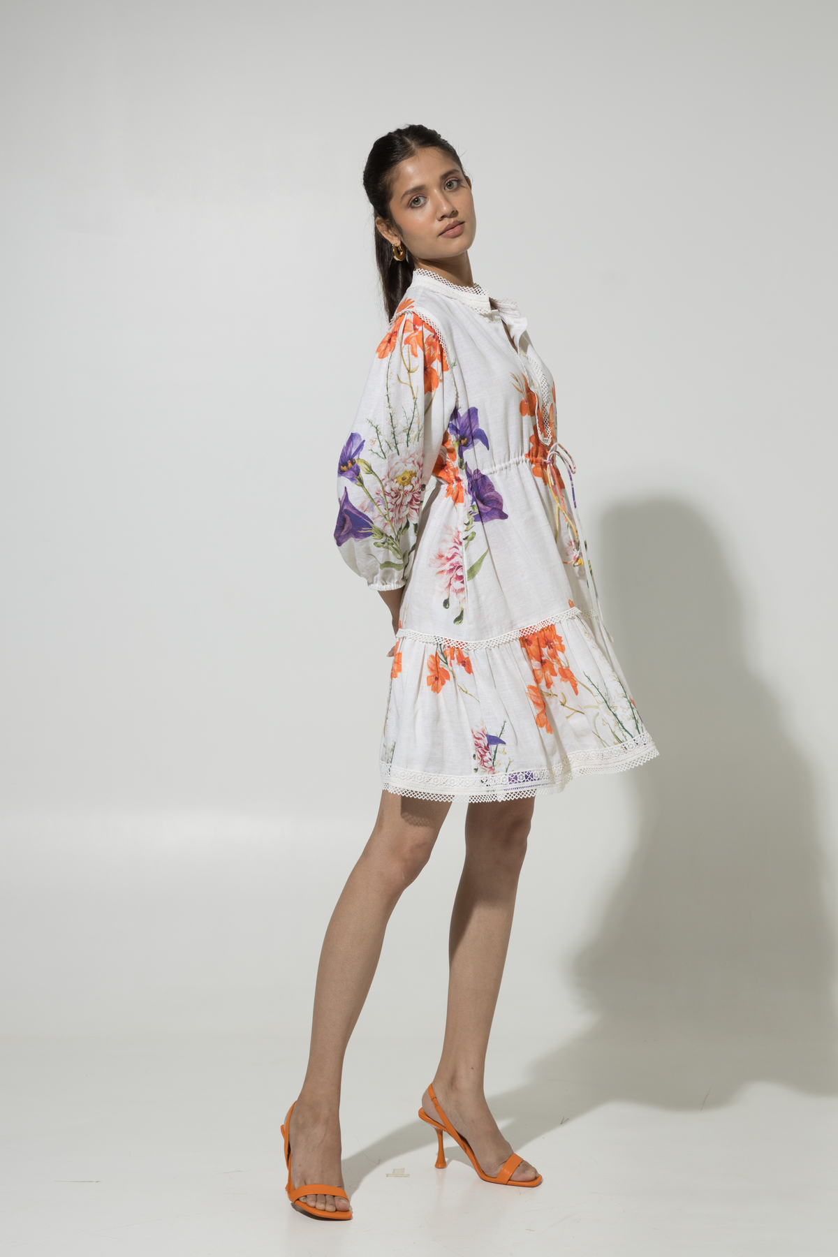 White Iris Print Drawstring Linen Dress