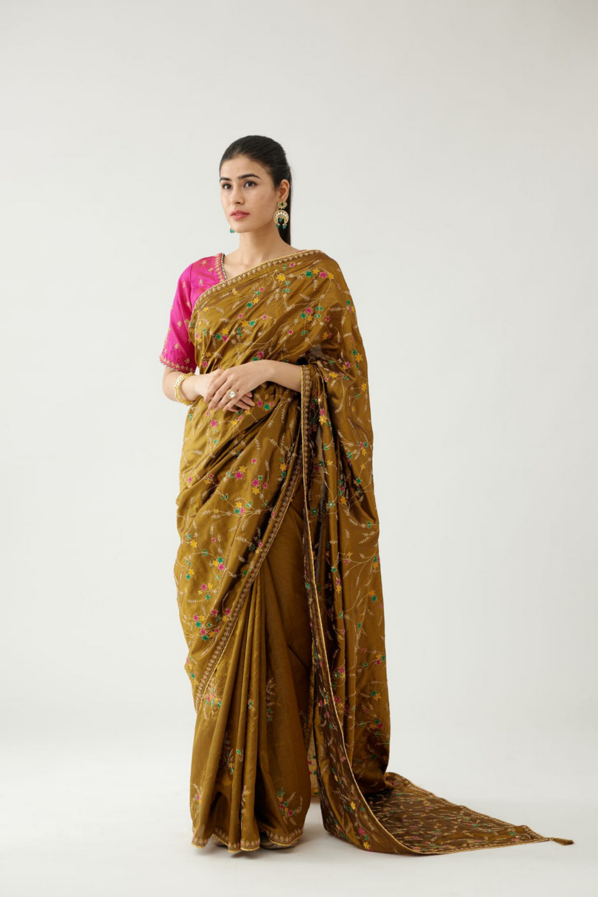 Golden olive silk saree set