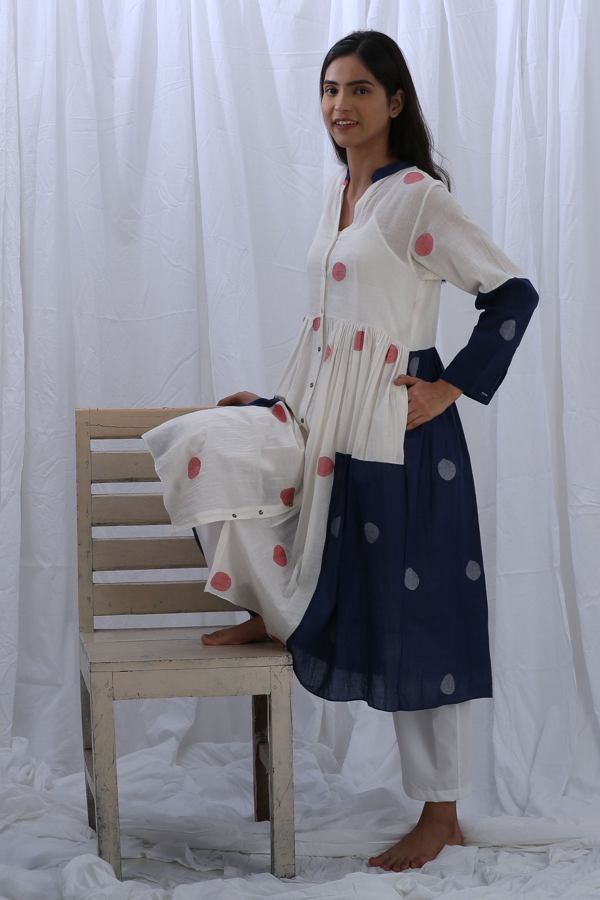 Bright White Navy Blue Kurta Set