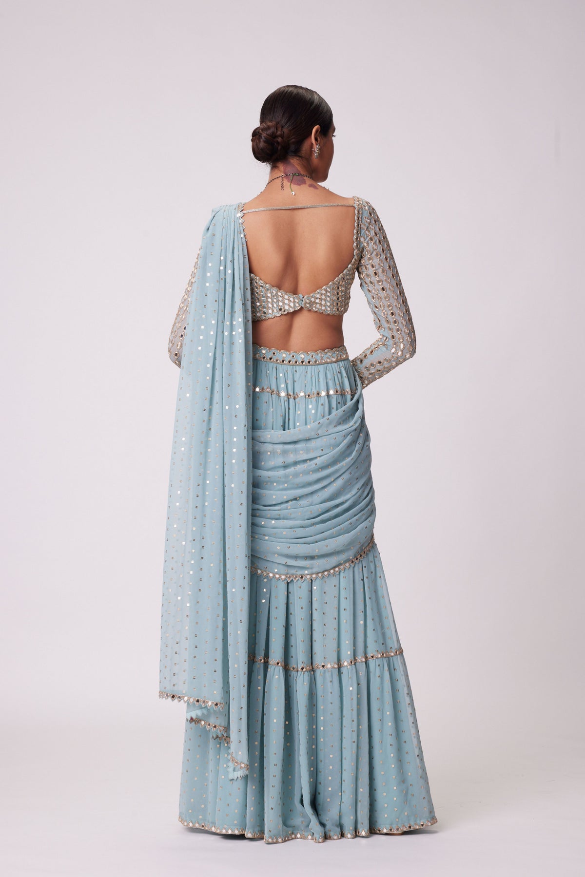 Powder Blue Multitier Saree Set