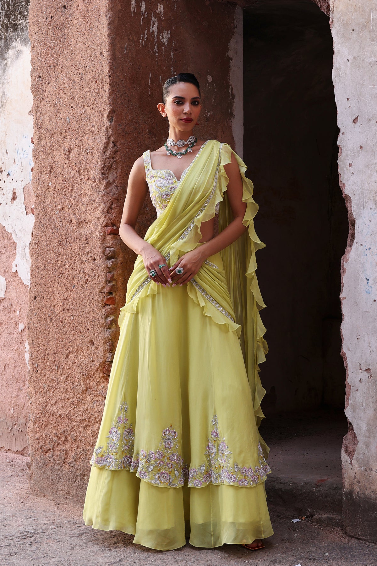 Jinal Lehenga Saree in Neon Green