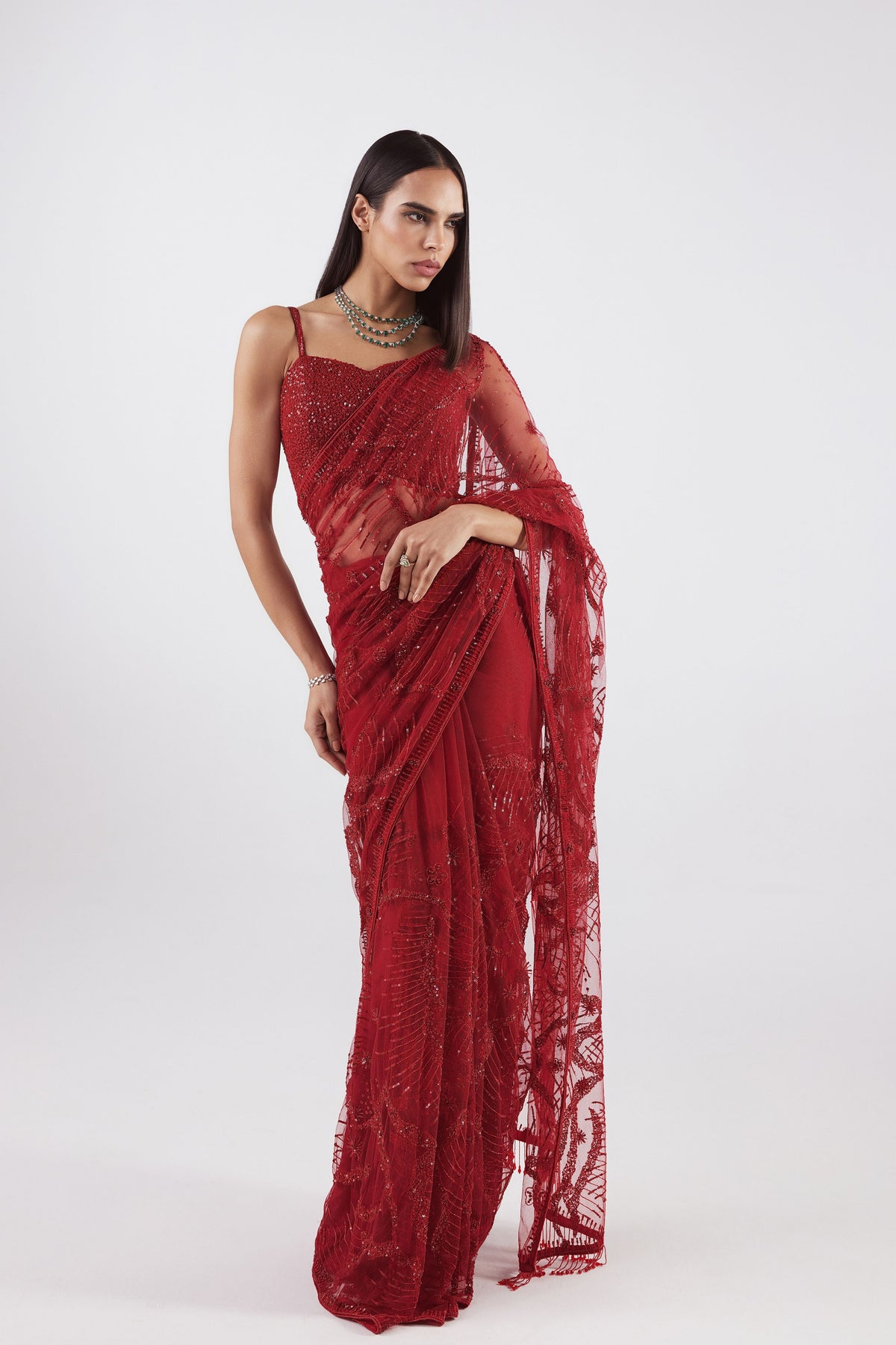 Red Cocktail Saree Set