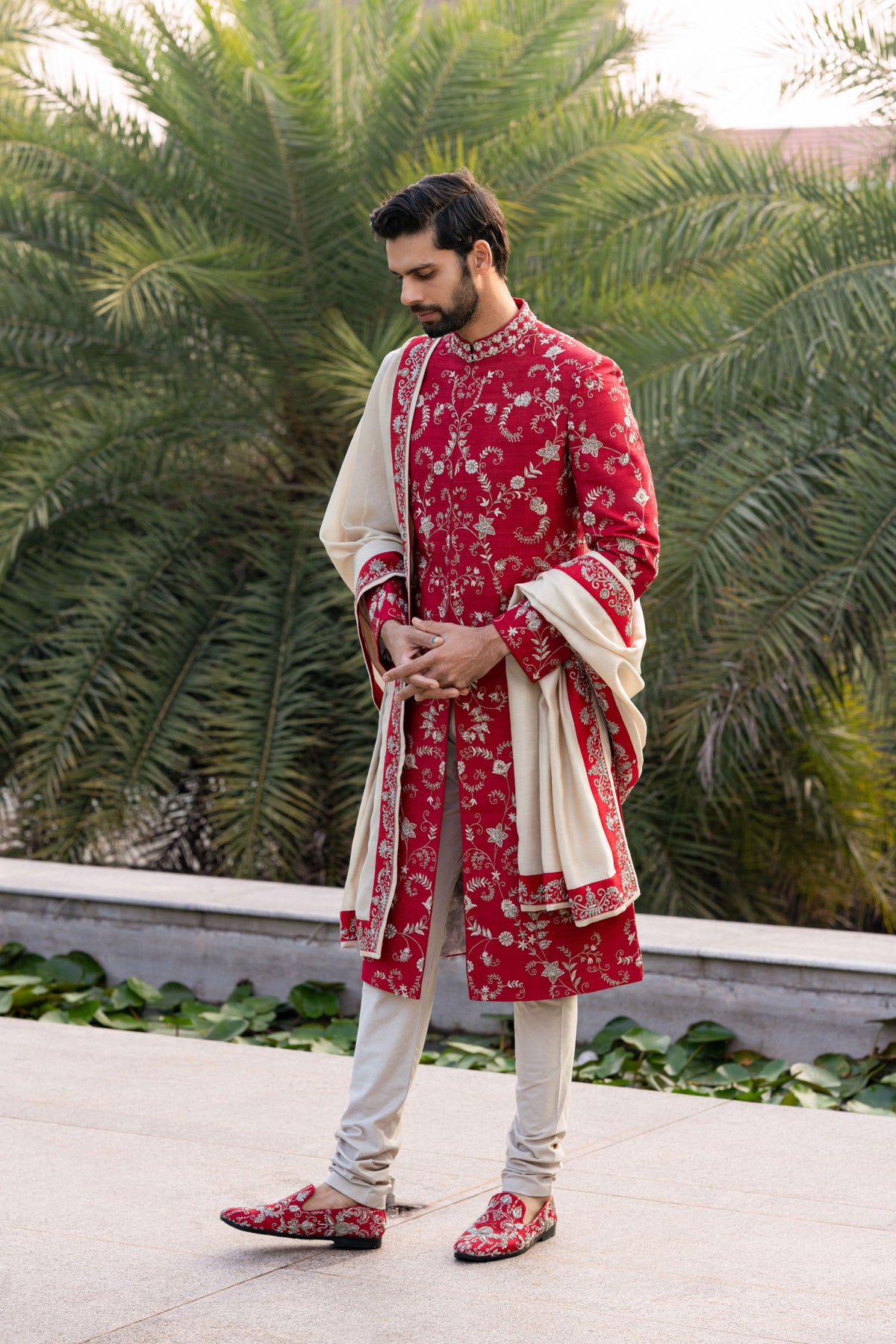 Red Embroidered Sherwani  Set