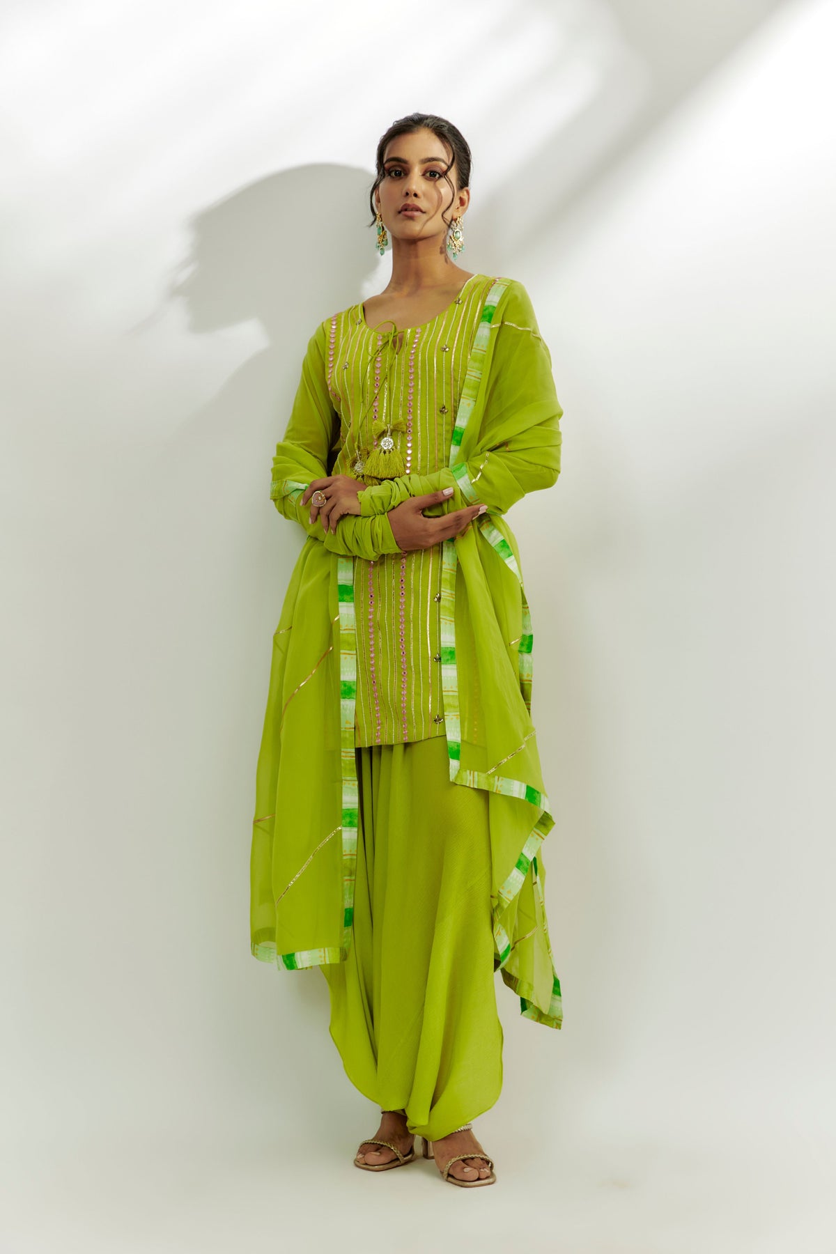 Lime Green Embroidered Short Kurta Set