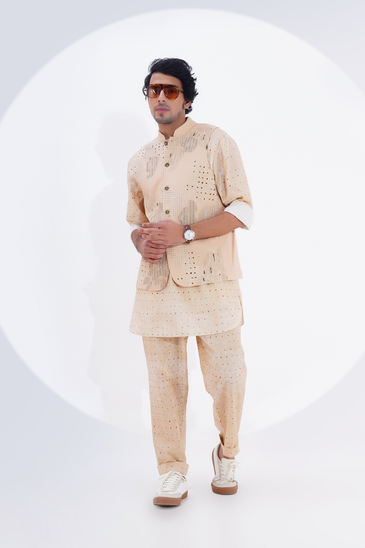 Beige Floral Embroidered Bandi