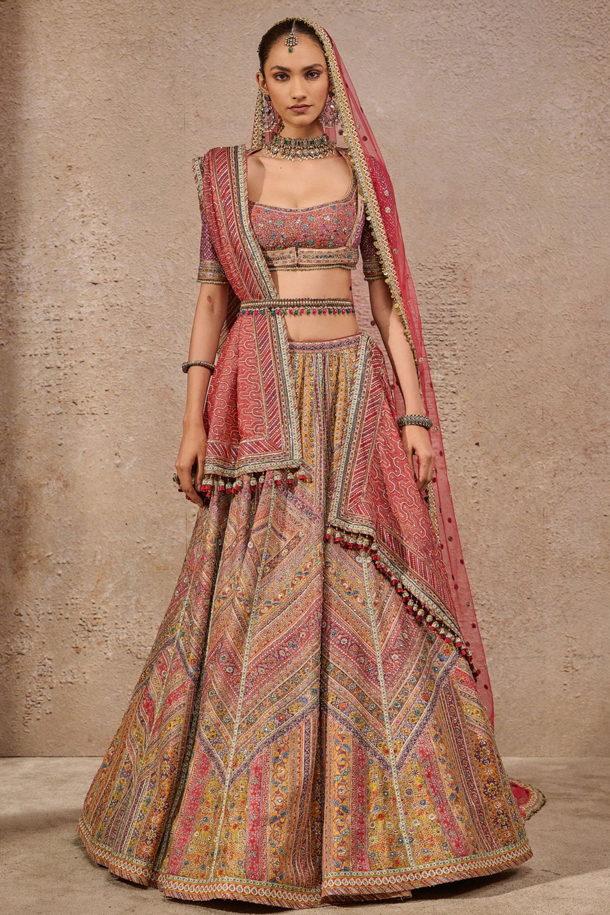 Multicolour Kashida Bridal Lehenga Set