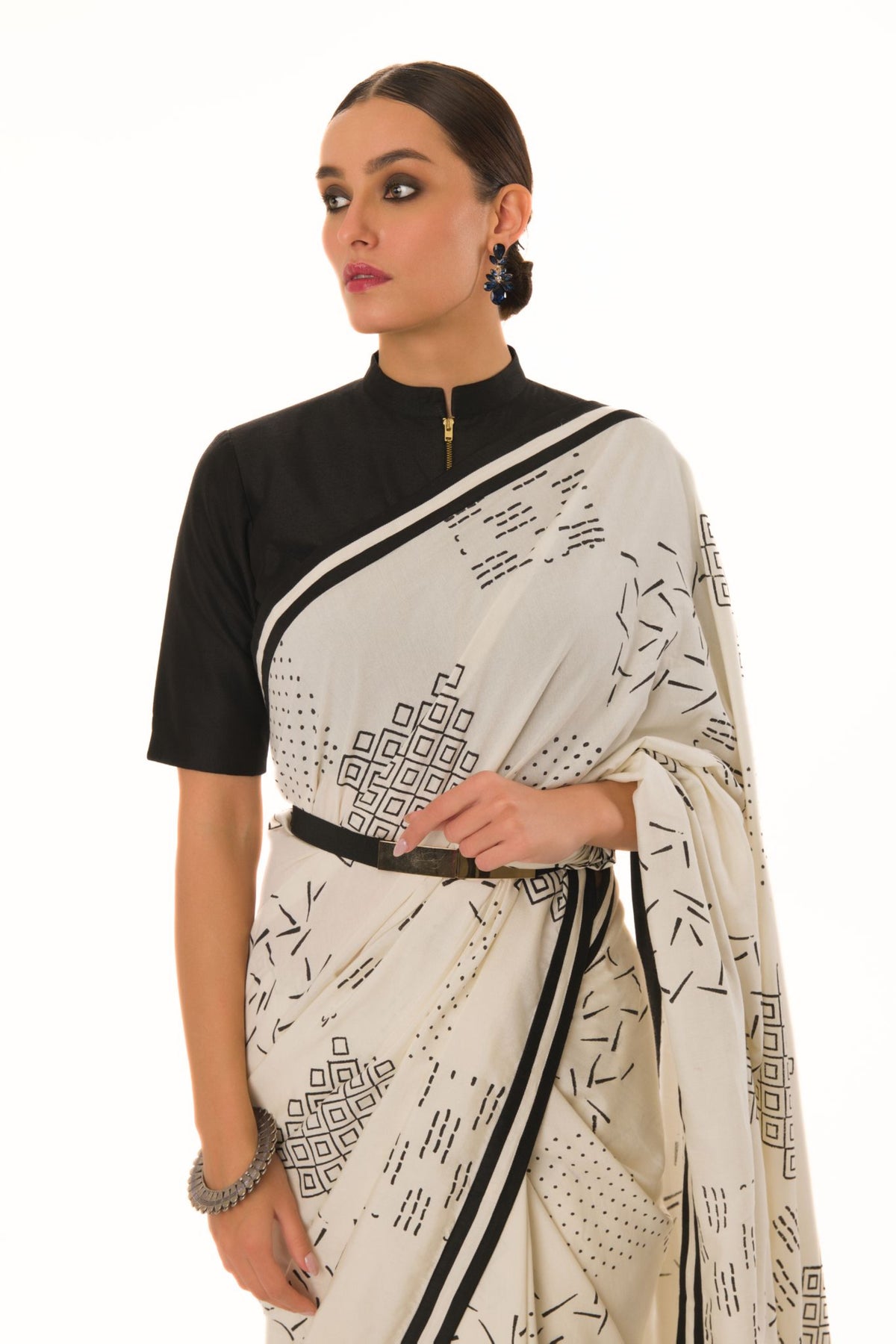 Hand Stamped Printed Saree Hi-neck Blouse Set