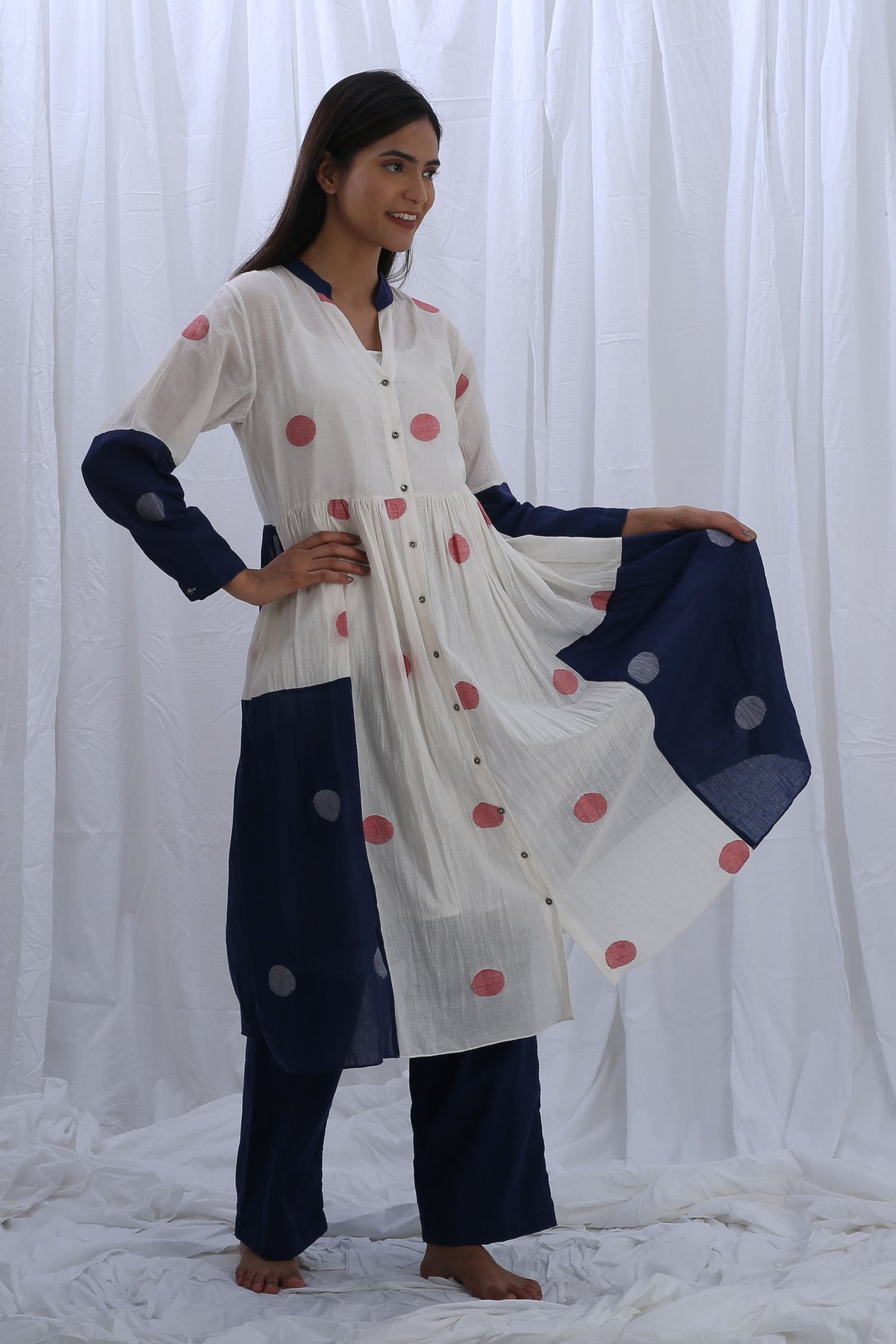 White Navy Blue Kurta Set