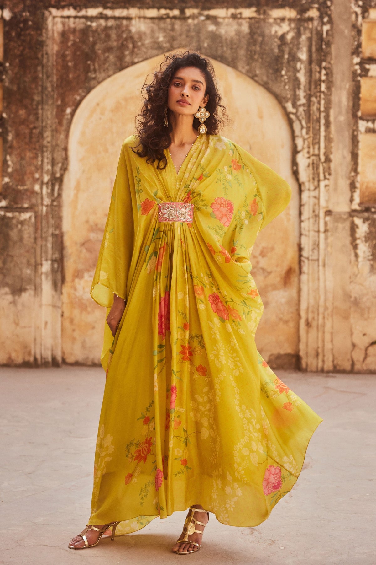 Printed Lime Yellow Kaftan Set