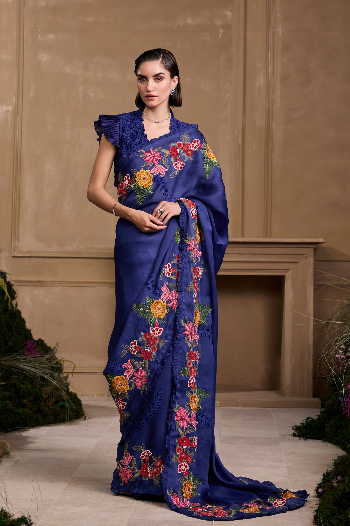 Cobalt Blue Floral Embroidered Saree