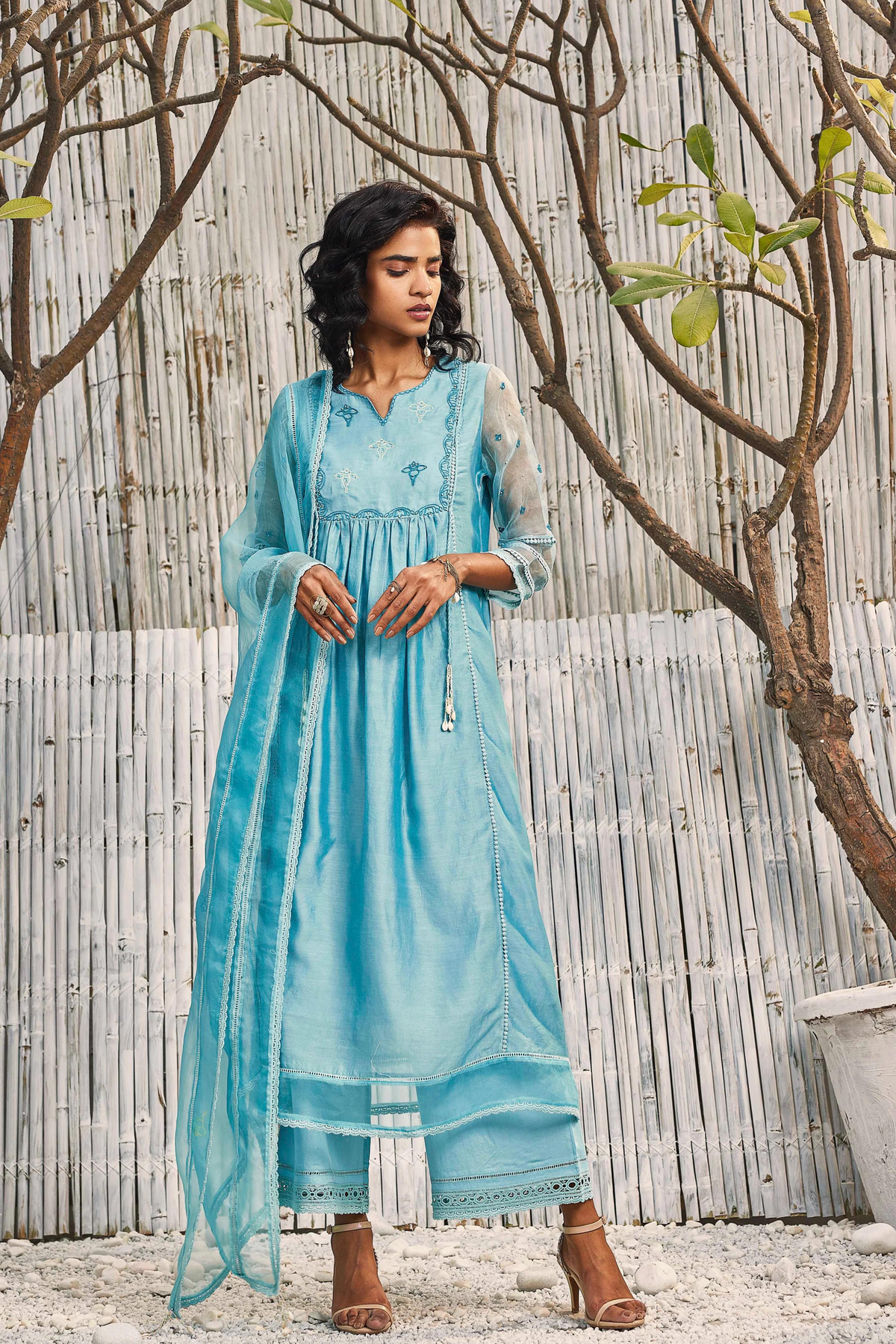 Blue Chanderi Gathered Kurta Set