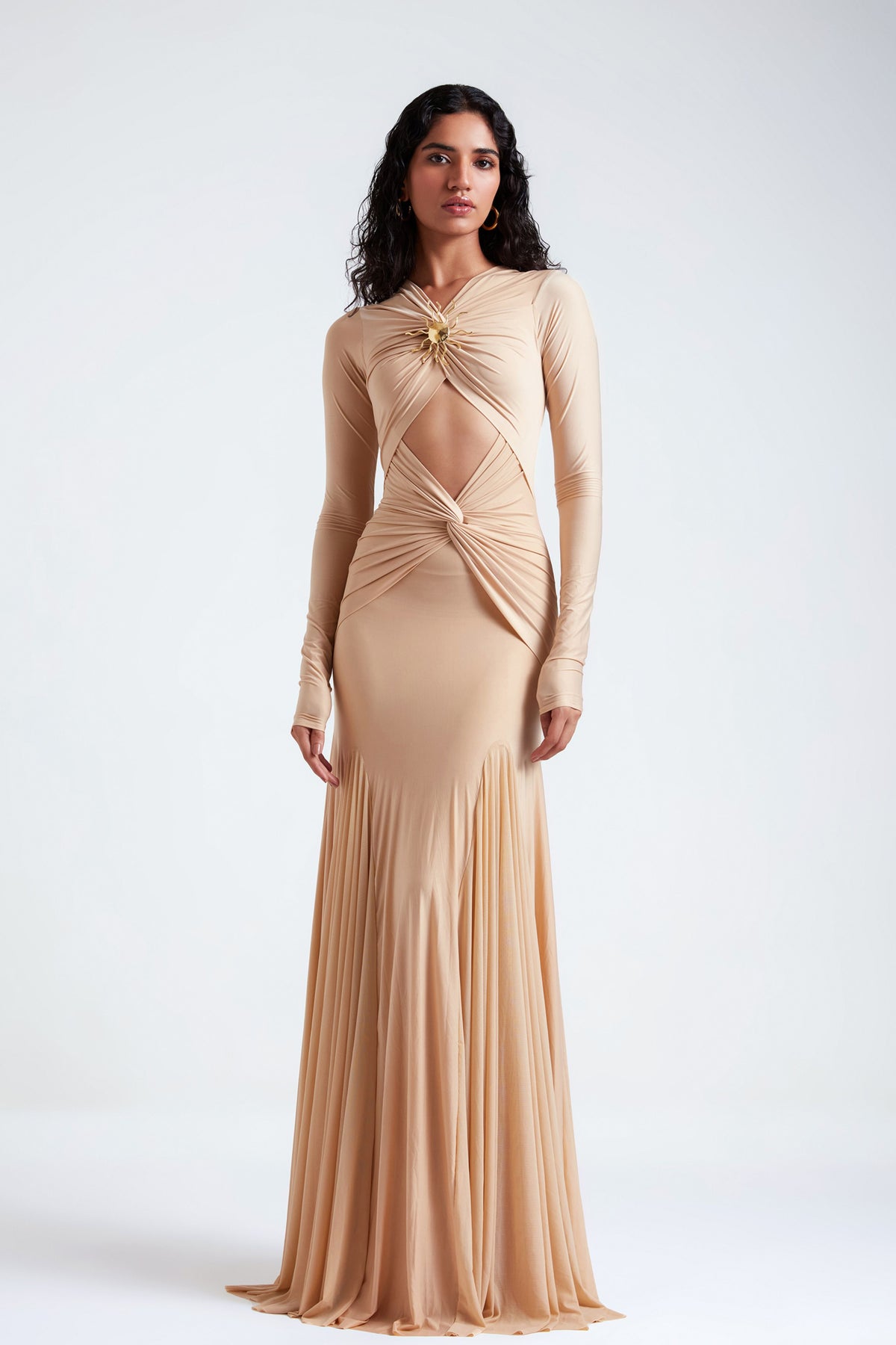 Wheat Beige Gown With Brooch