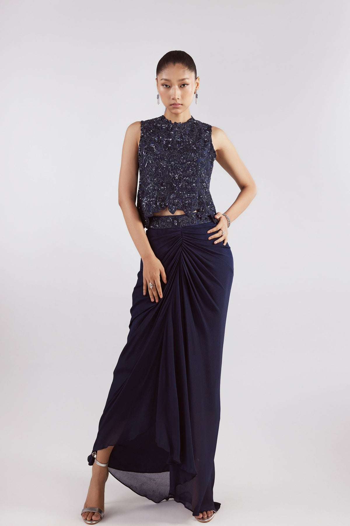 Navy Top With Drape Skirt