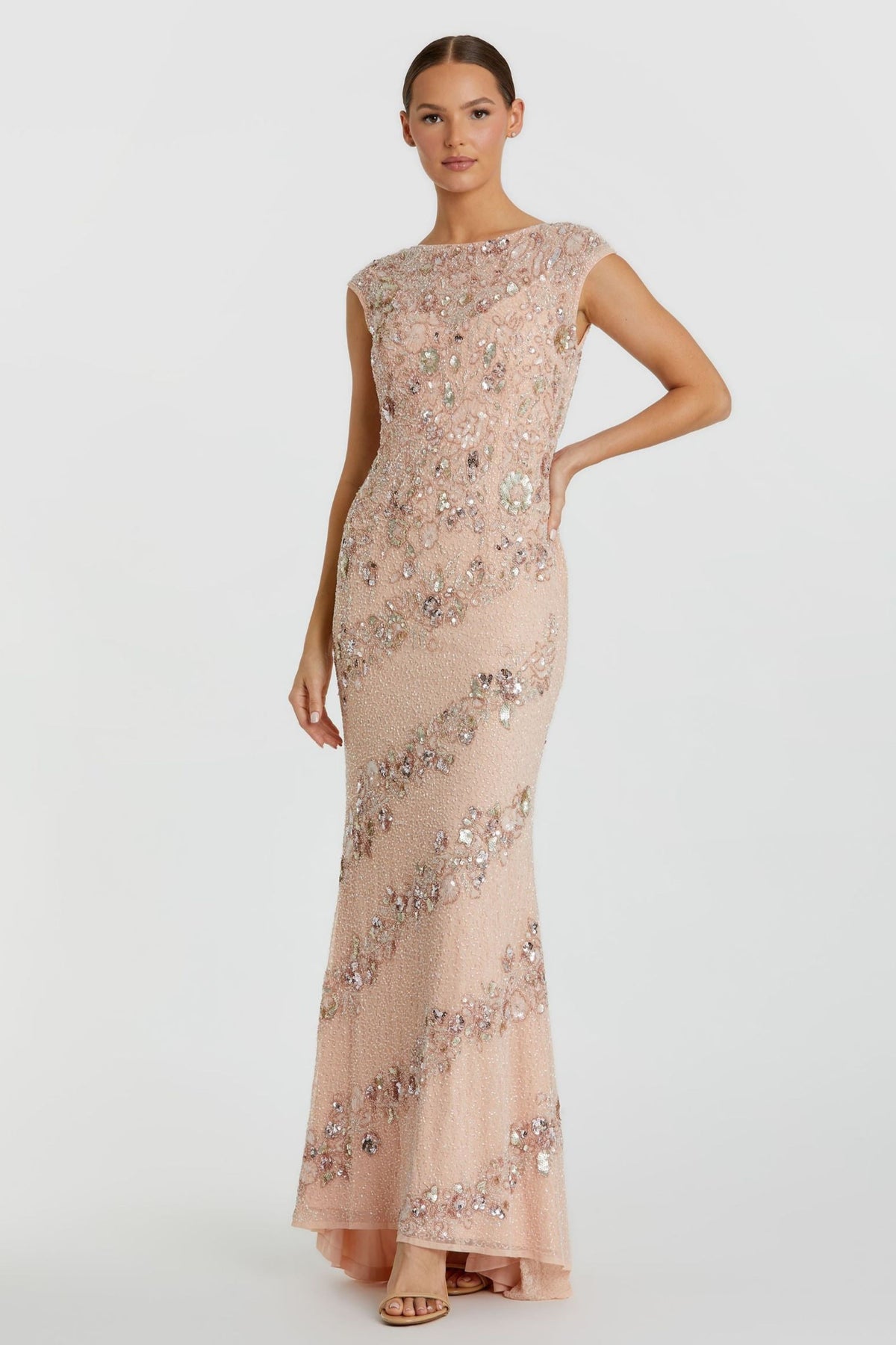 Nude Silver Embellished Bateau Gown