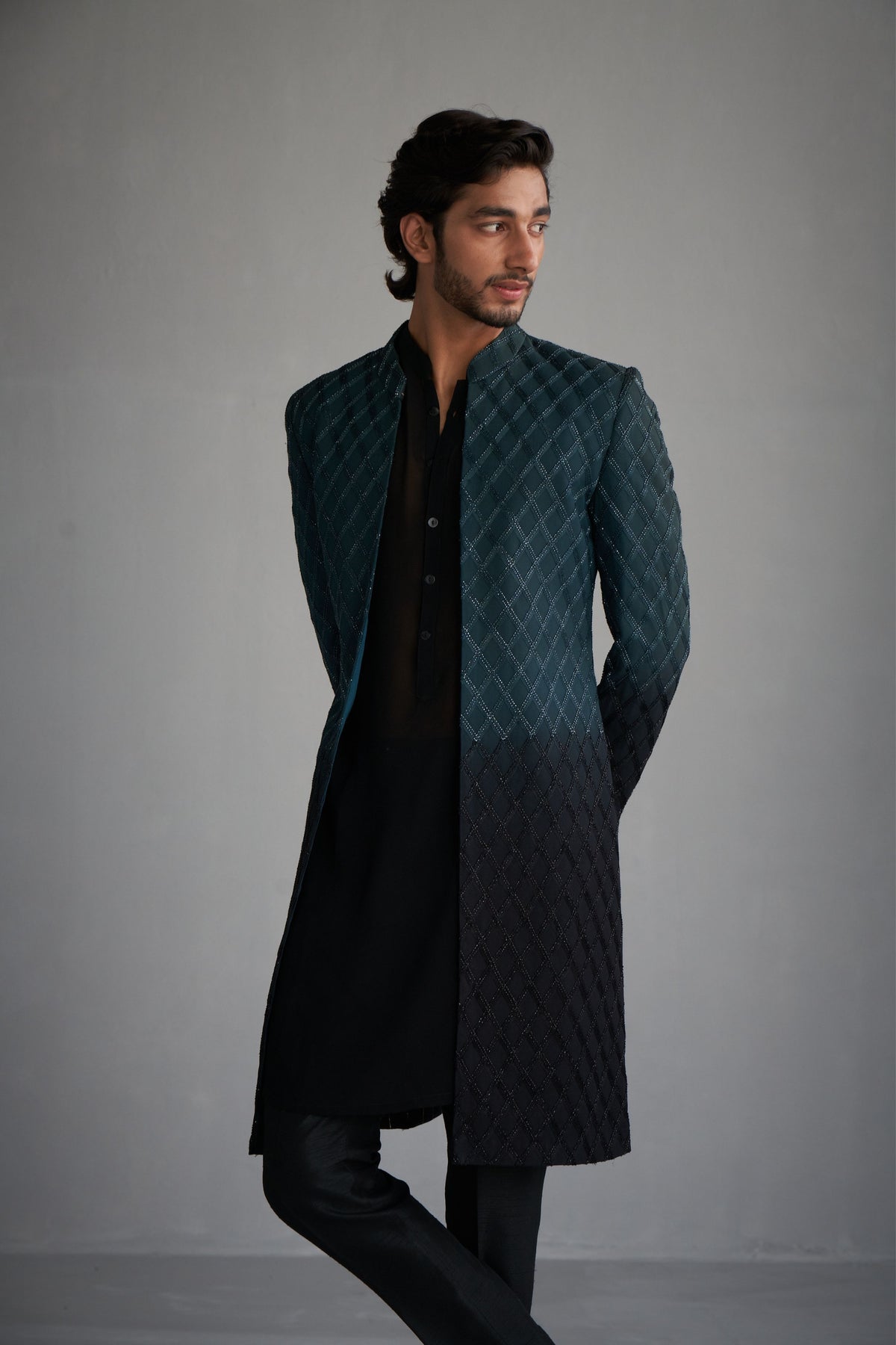 Teal Black Ombre Sherwani