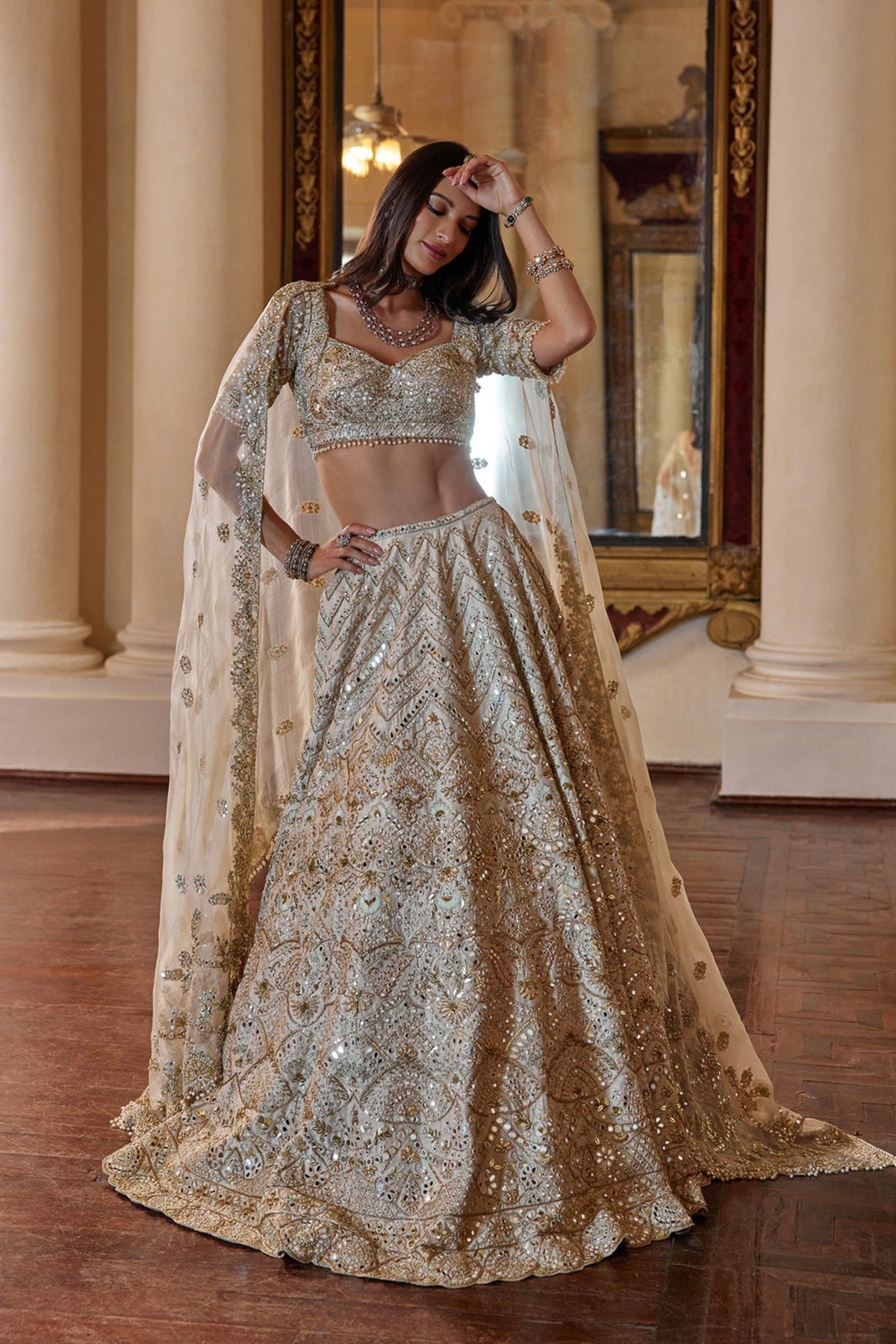 Cream Lehenga With Green Highlighting