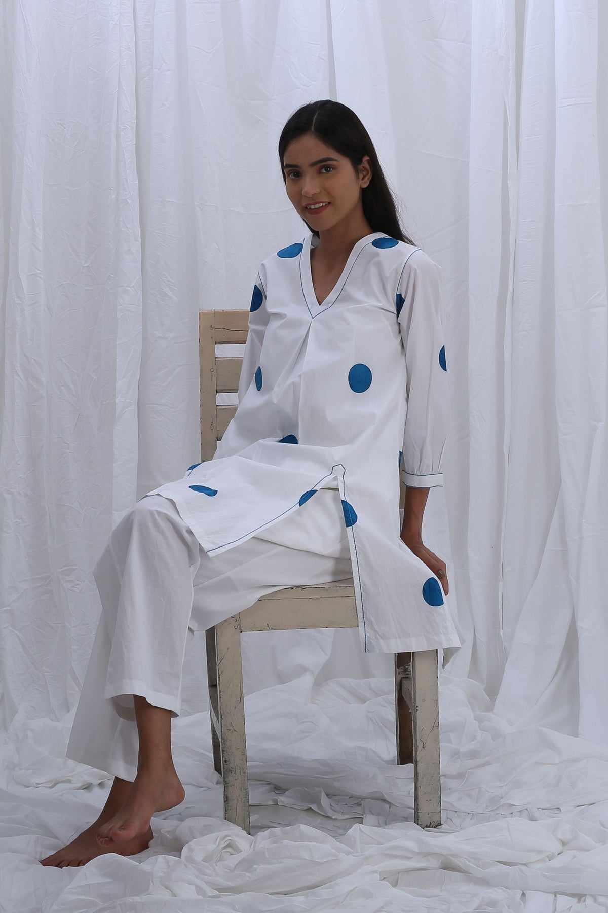 V-neck Sky Blue Fern V-neck Kurta Set