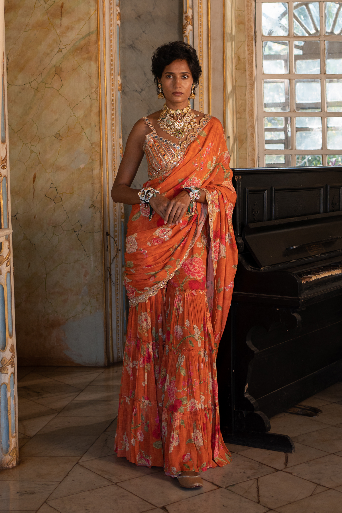 Burnt Orange Floral Sari Set