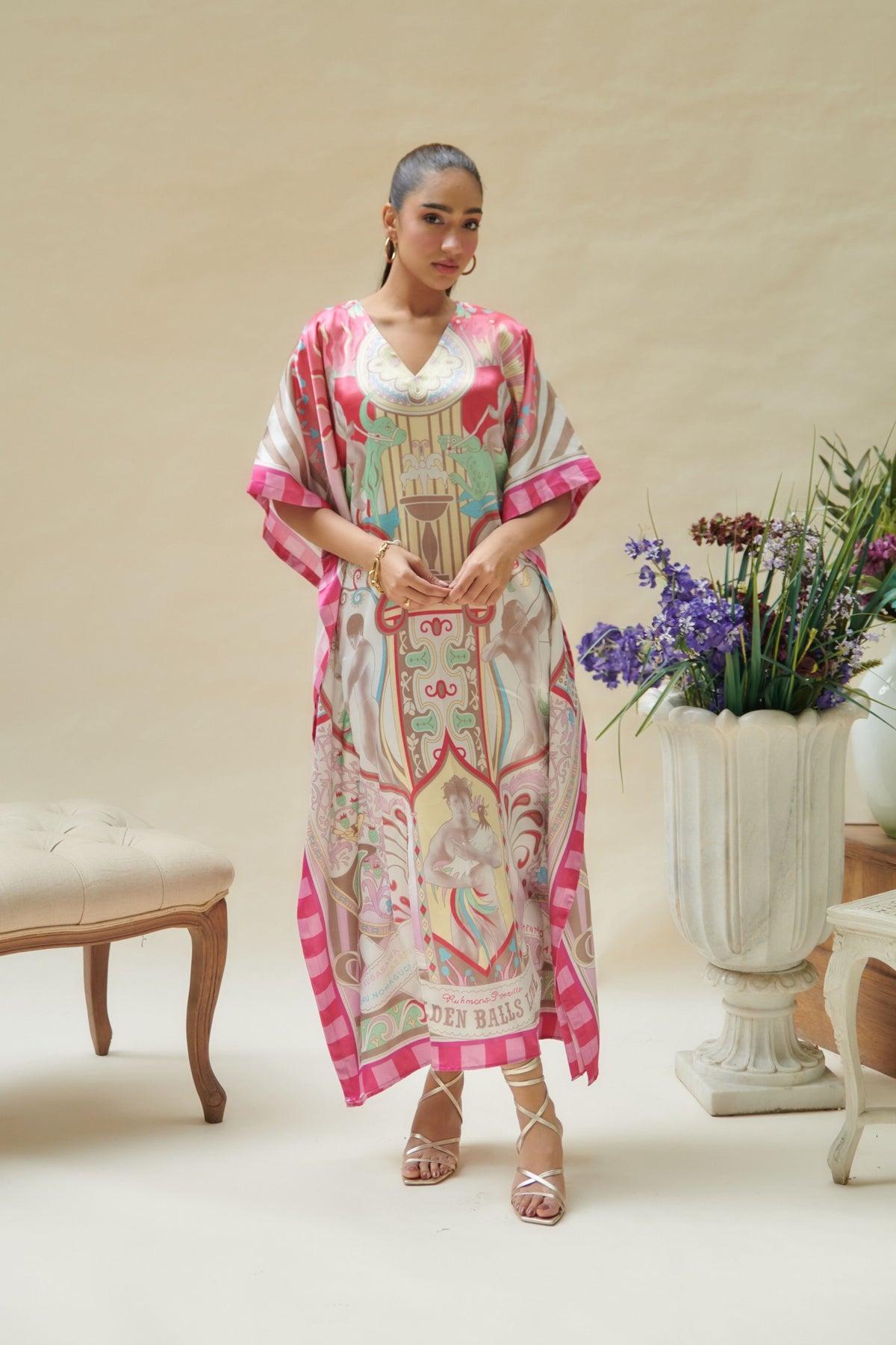 Pink Printed Long Kaftan Dress