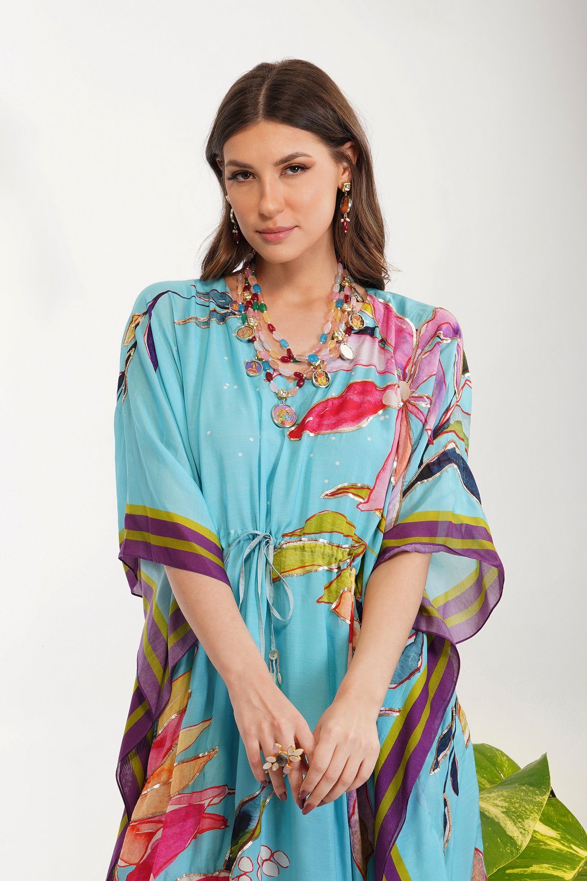 Tropical Leaf Print Kaftan