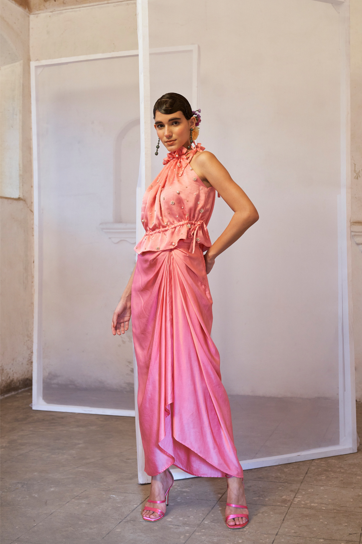 Rose Pink Ruffled Top With Draped Skirt