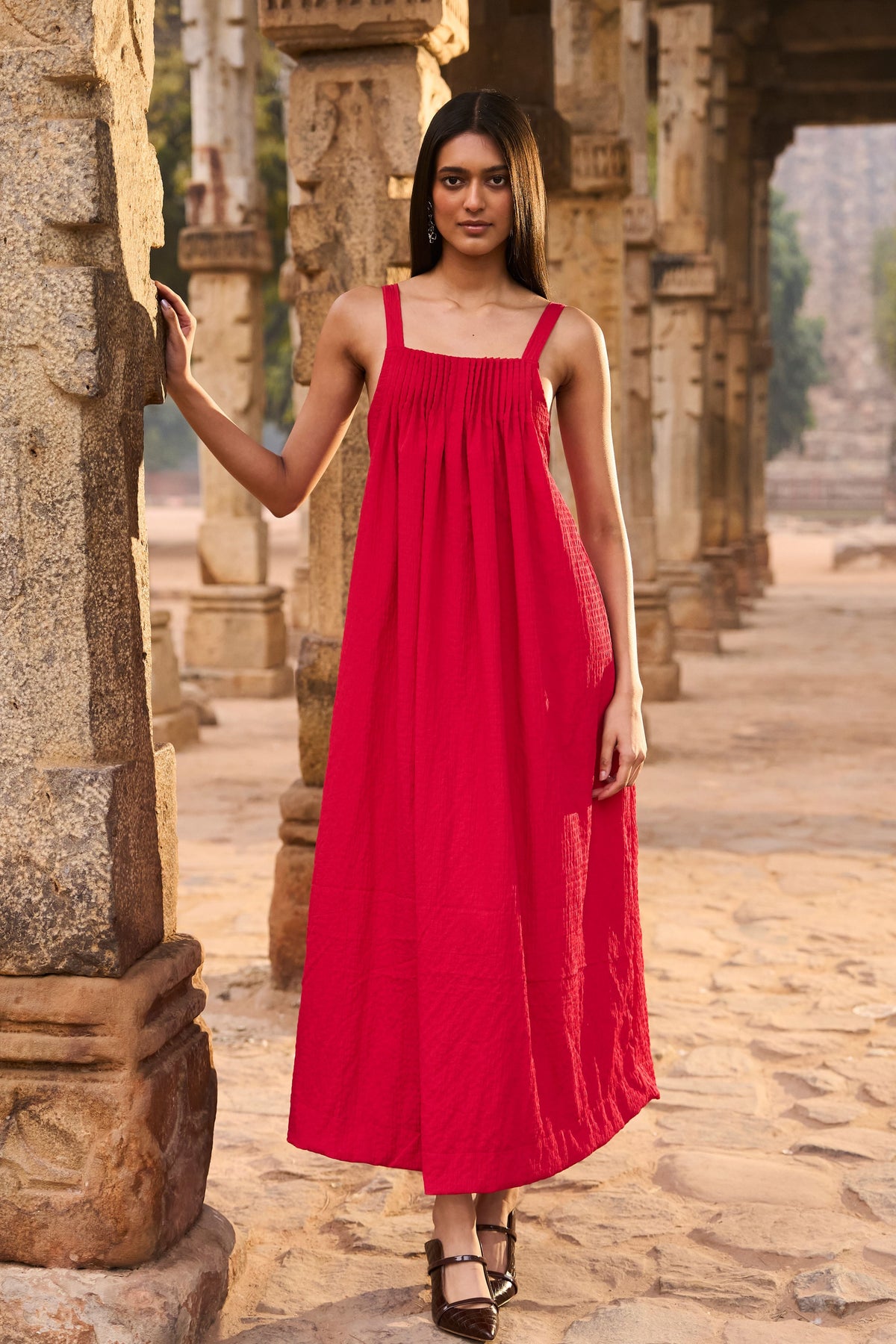 Red Textured Midi Dress