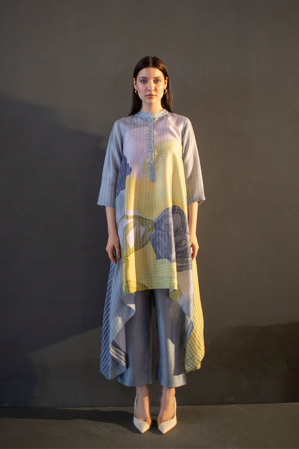 Abstract Geometric Dupion Silk In Multi Color Tunics Set