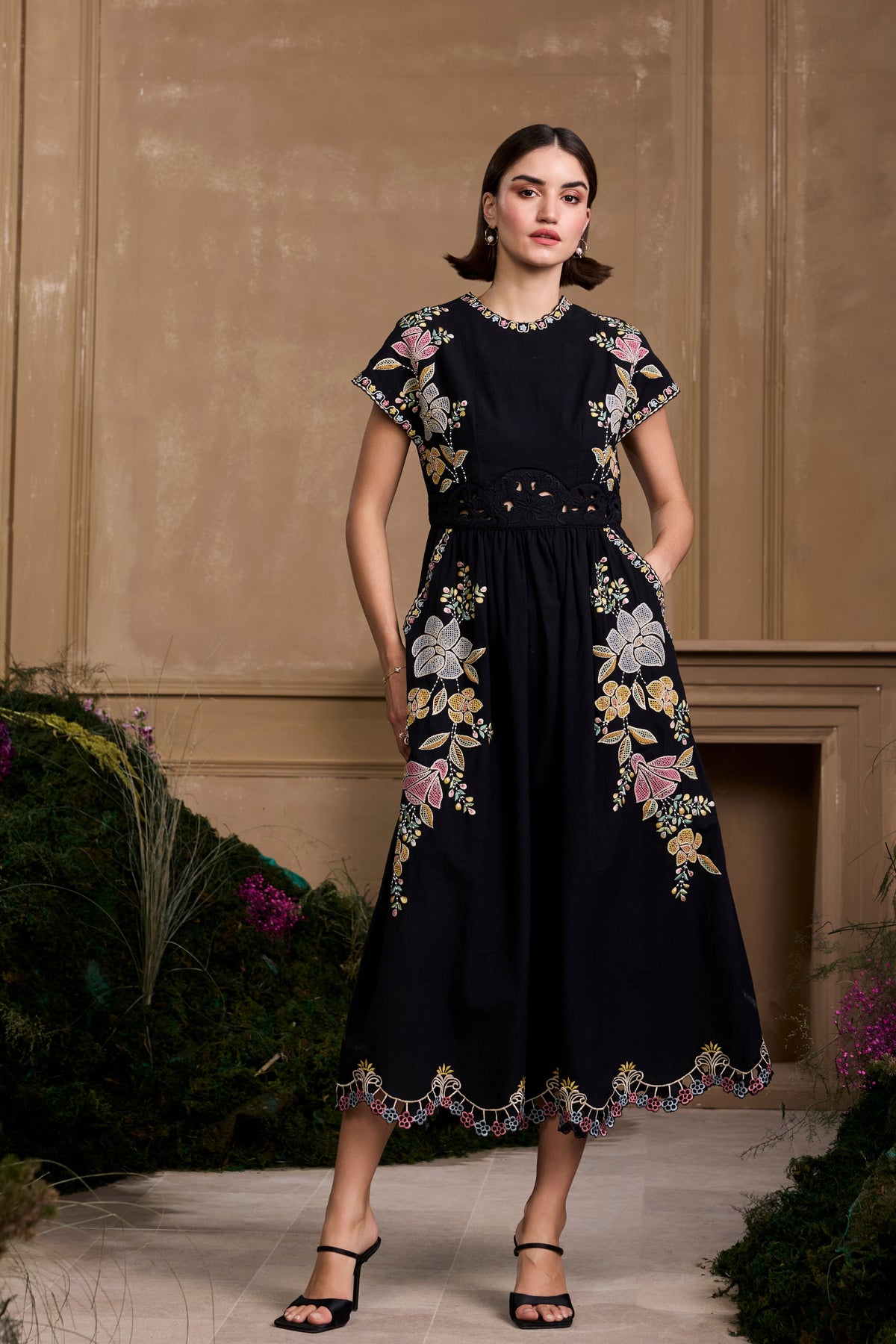 Black Floral Embroidered Midi Dress