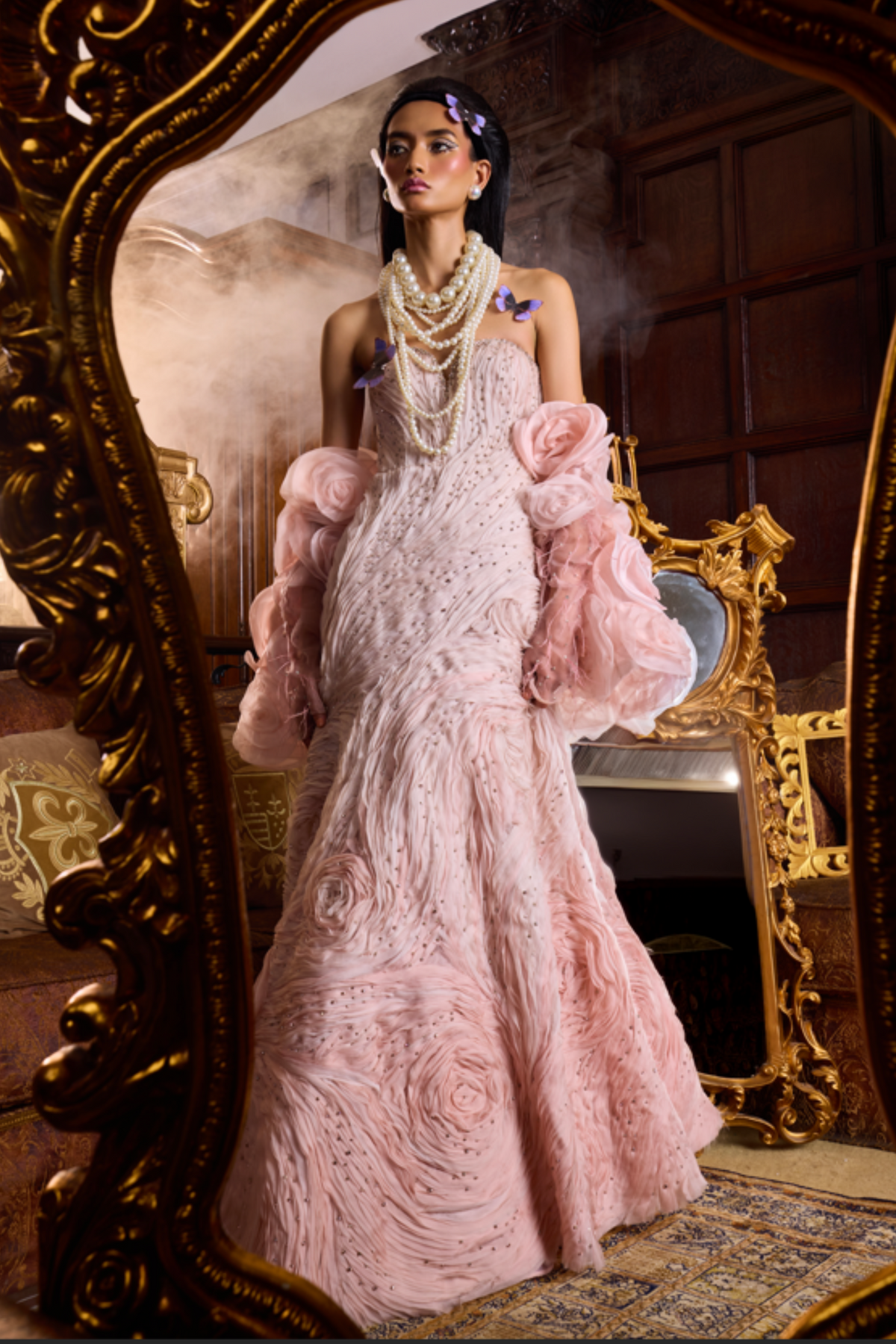 Ombre Textured Gown With 3d Flower Cape