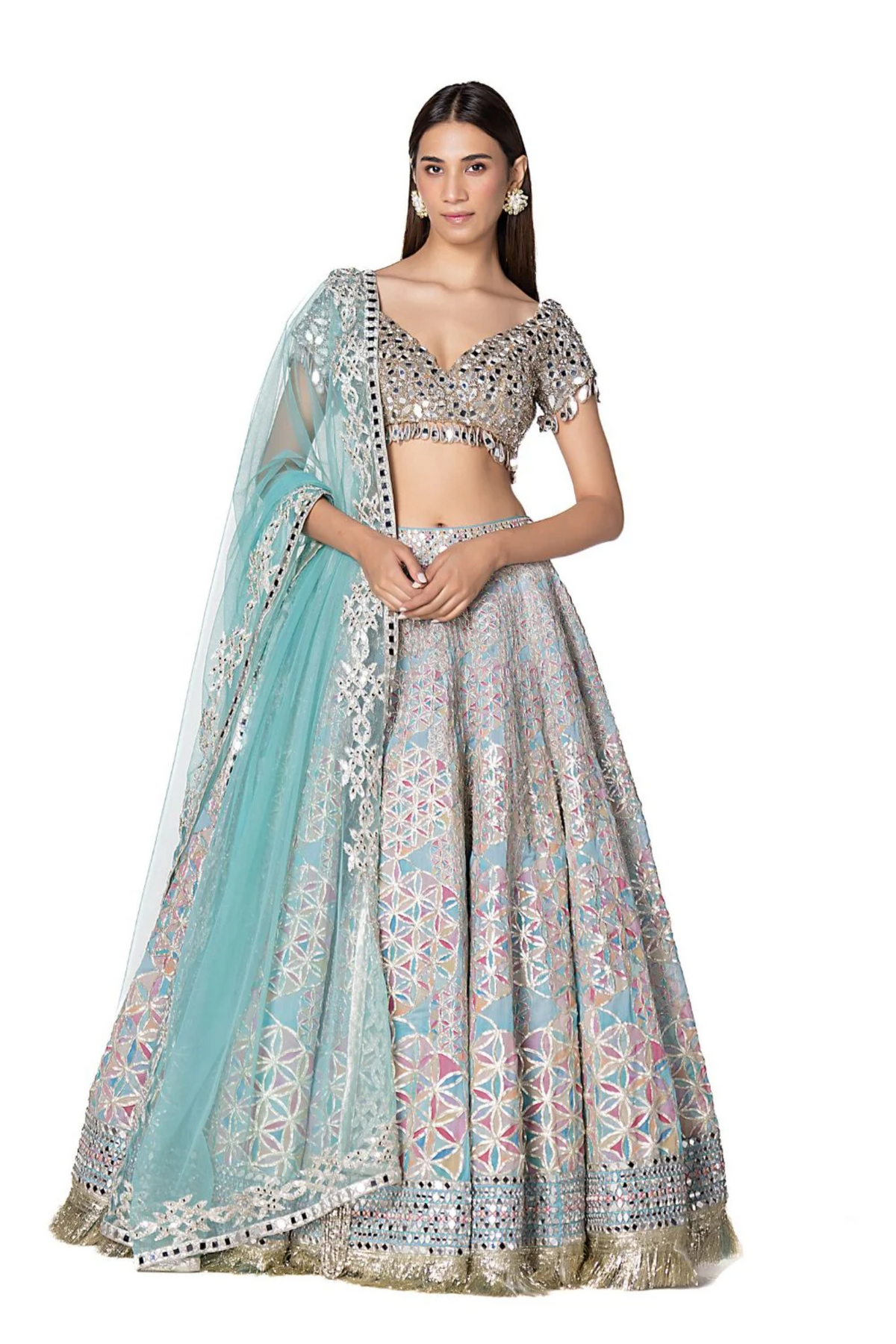 Aqua Coloured Geometric Patterned Lehenga Set