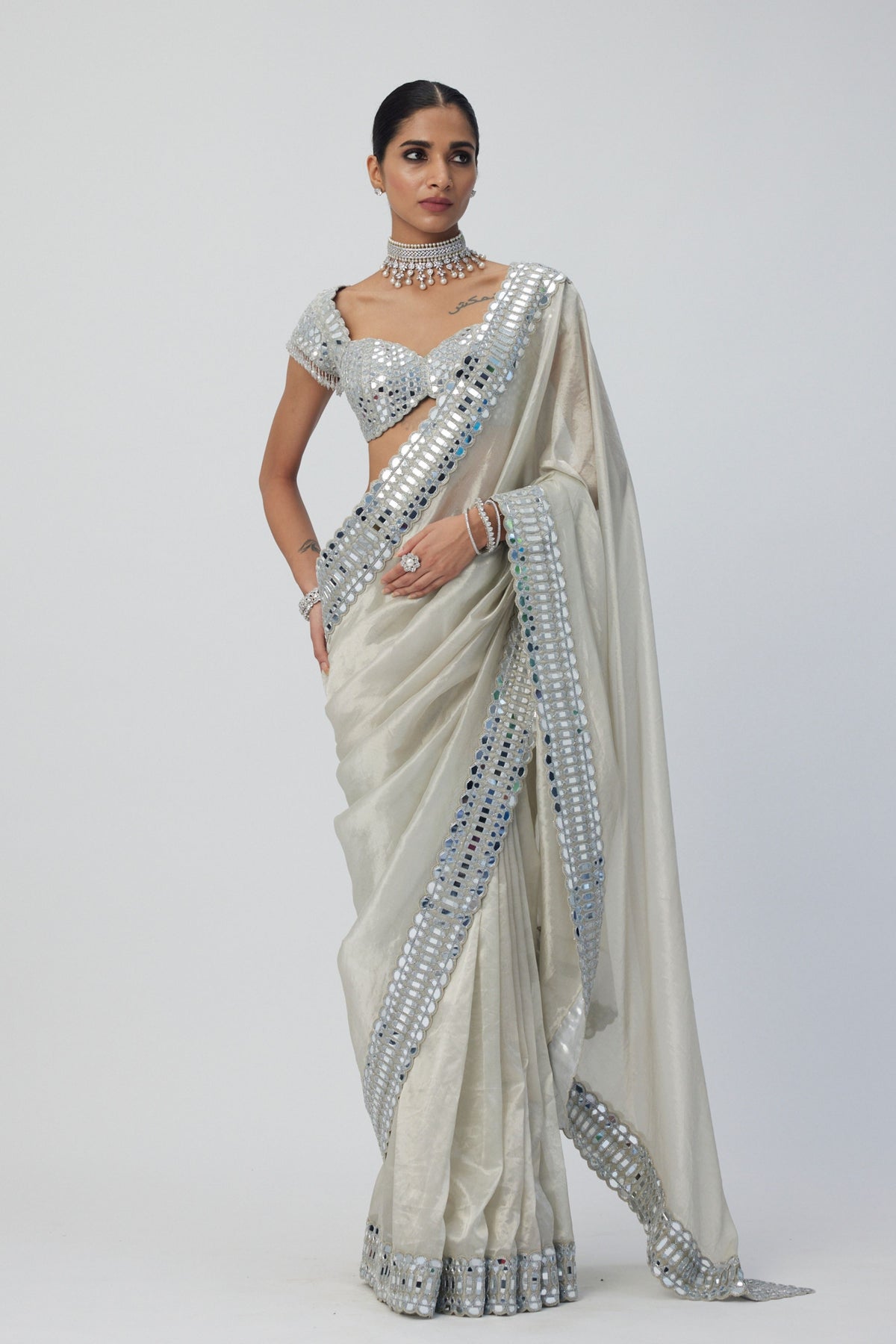 Silver Shimmer Organza Saree Set