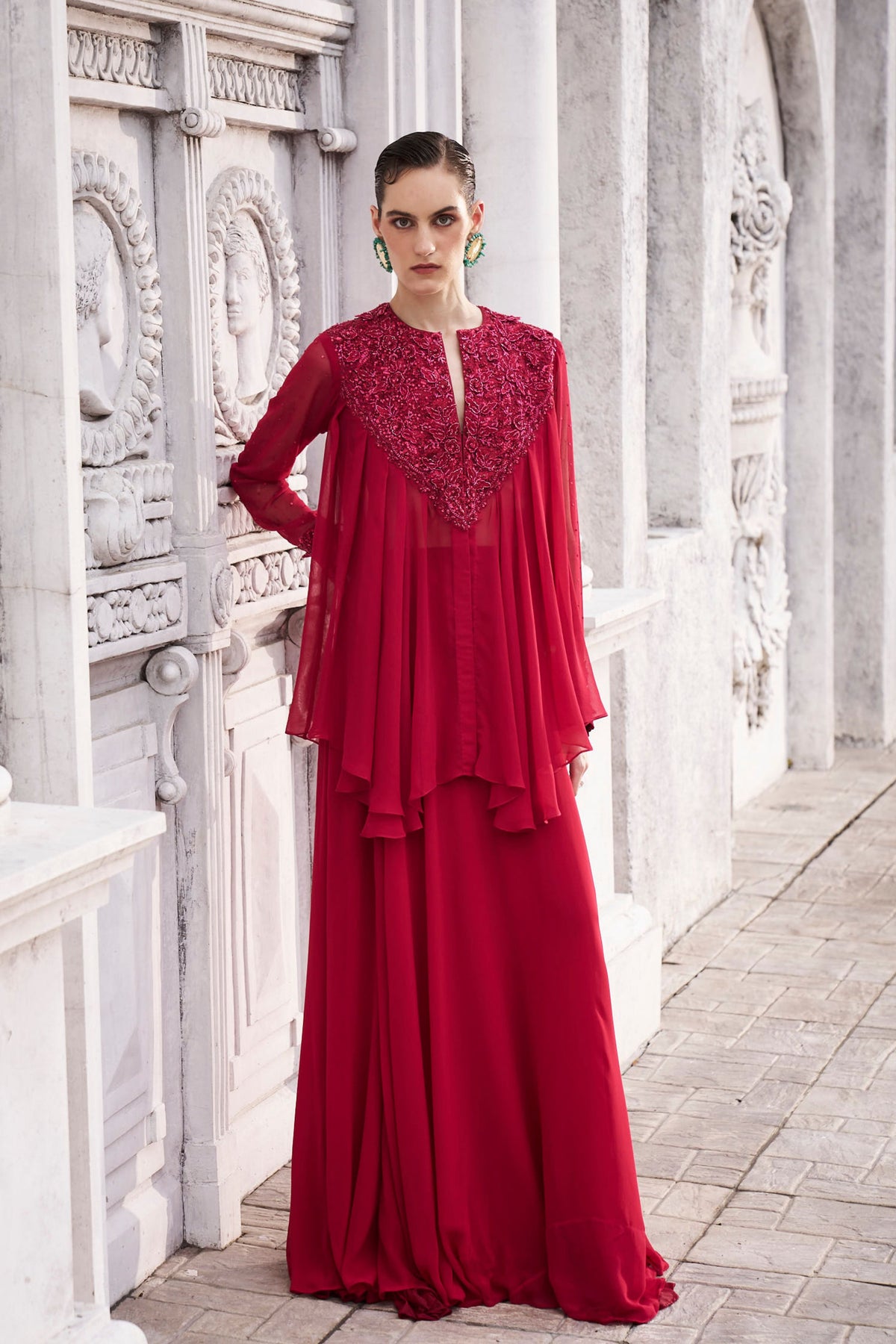 Red Work Sharara Set