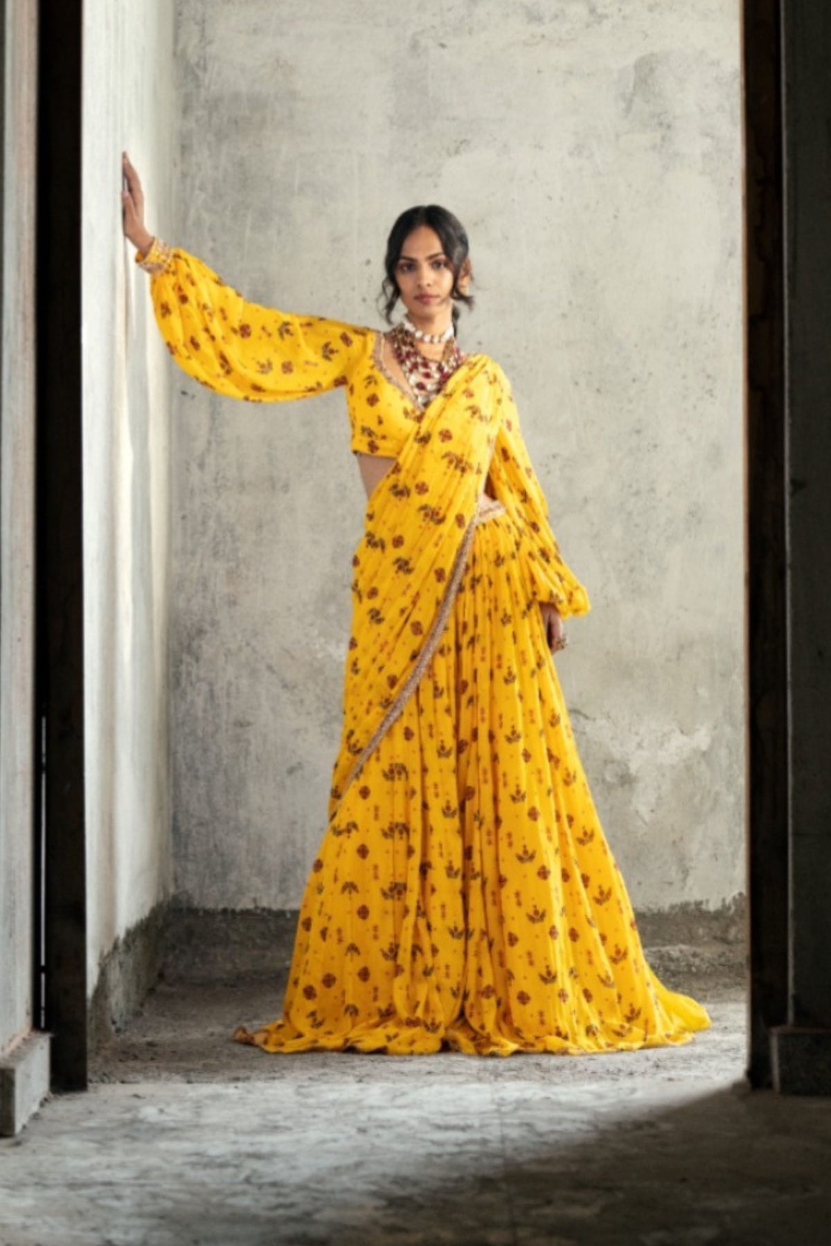 Joyful Yellow Buta Prestitched Saree Set