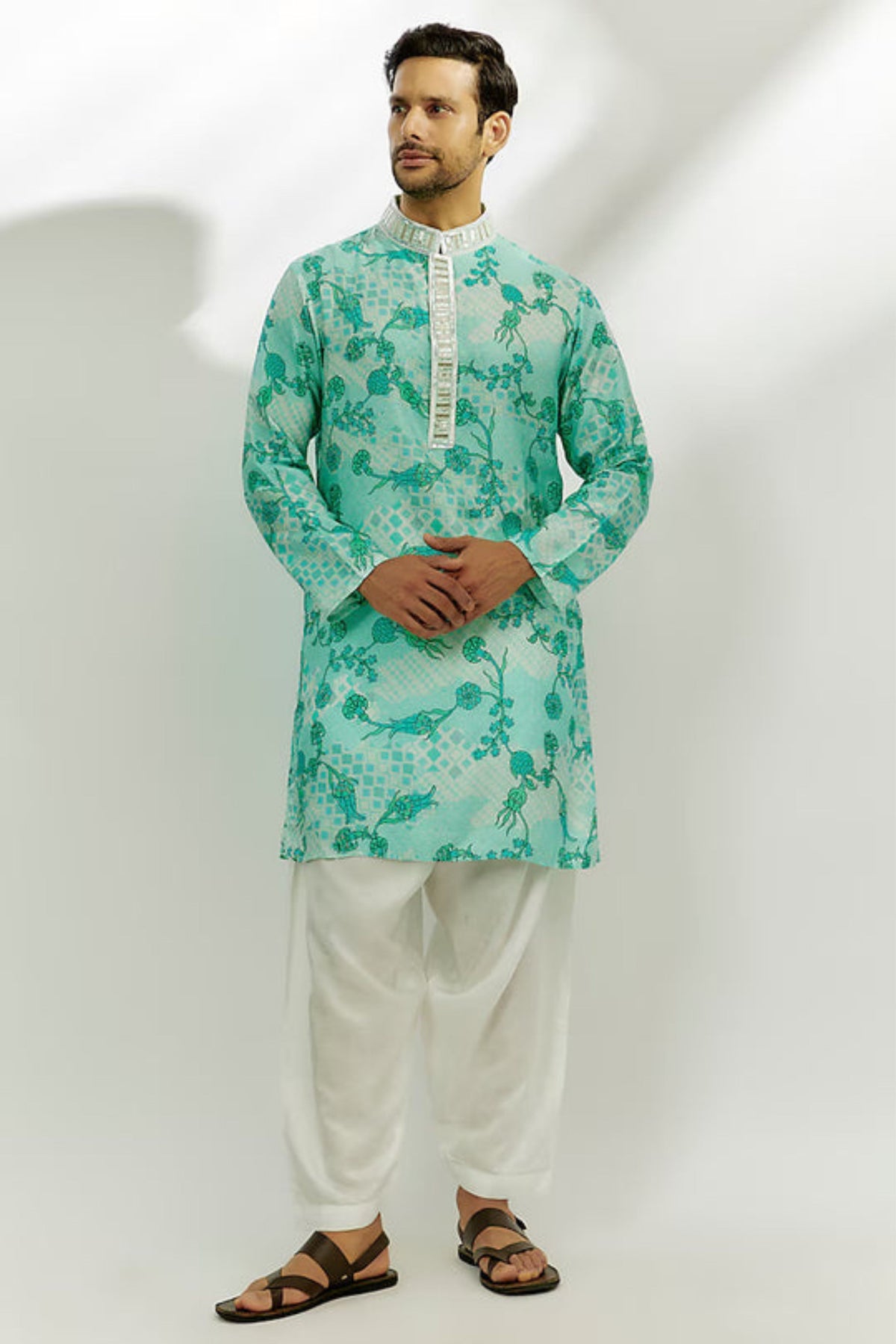 Cyan Blue Printed and Embroiderd Kurta.