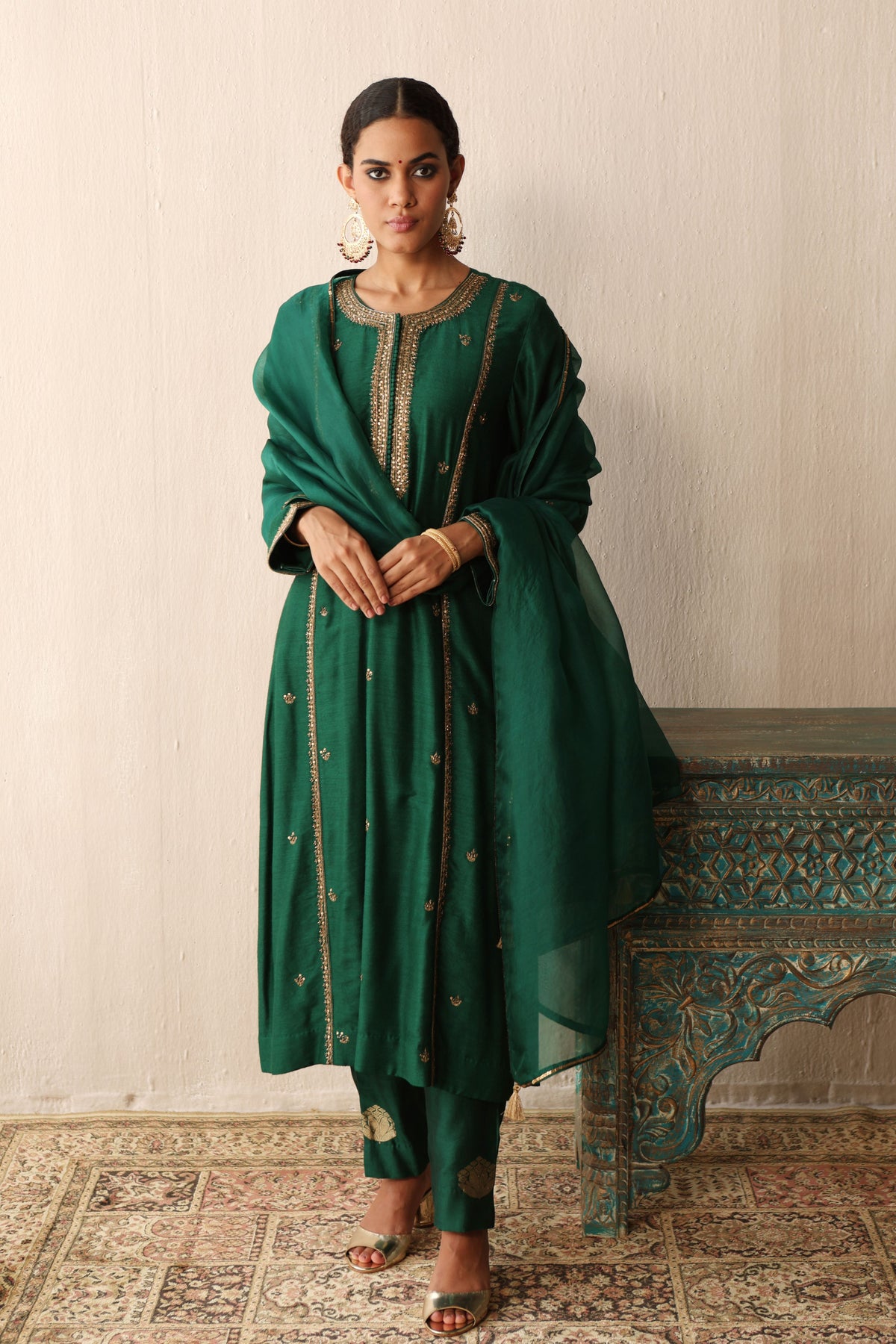 Green Hand Embroidered Kurta Set