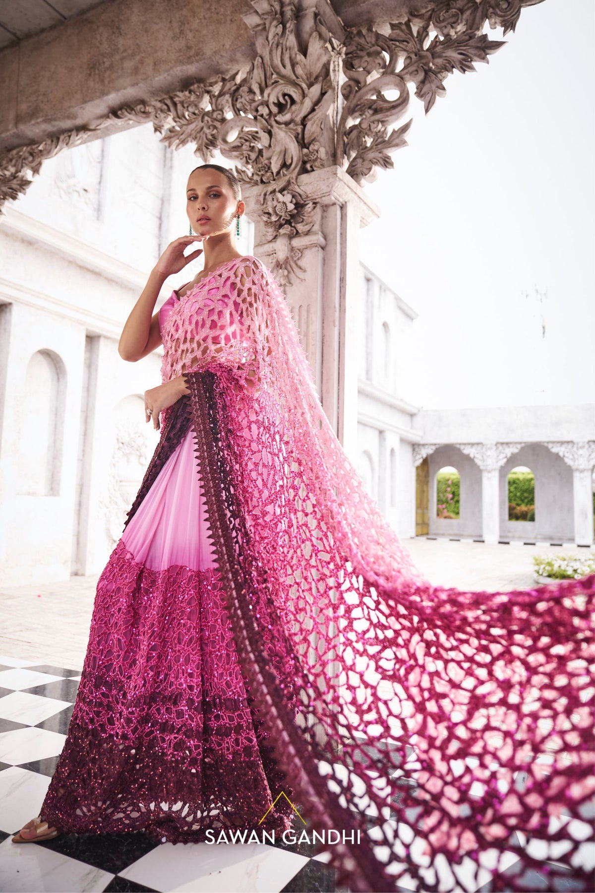 Pink to Wine Saree Set