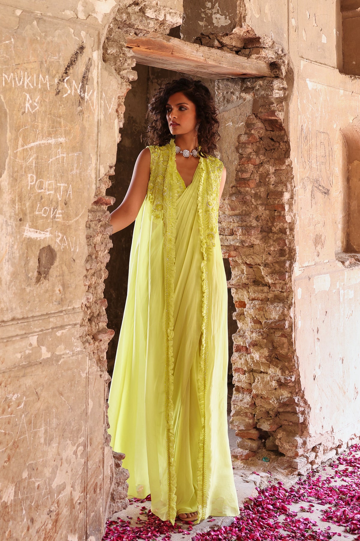 Keva Jacket and Pre-Stitched Saree in Neon Green