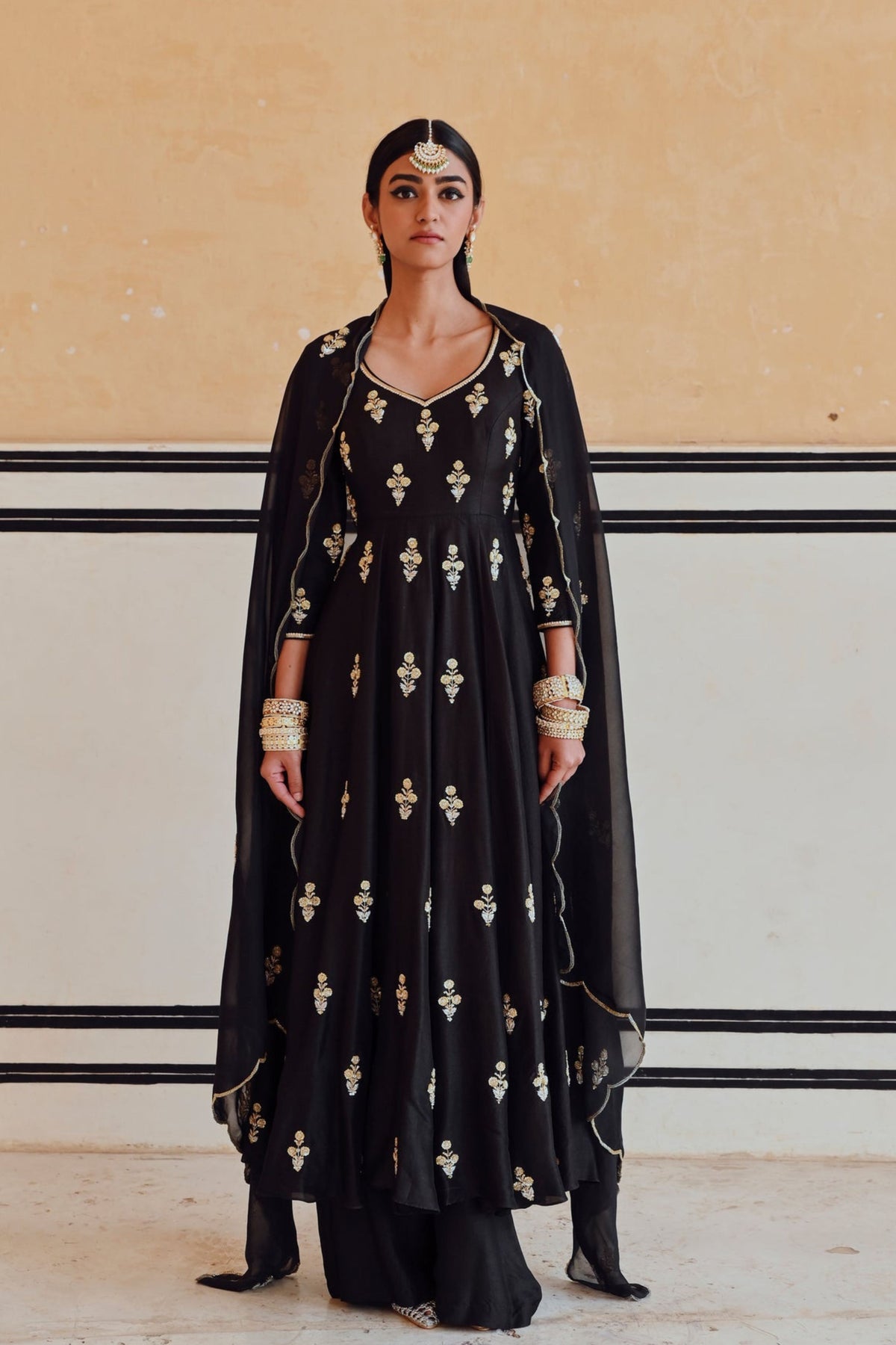 Black Embroidered Kali Anarkali Set