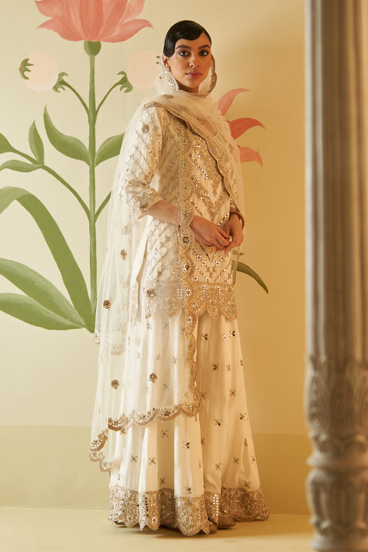 Ivory Mirrorwork Silk Sharara Set