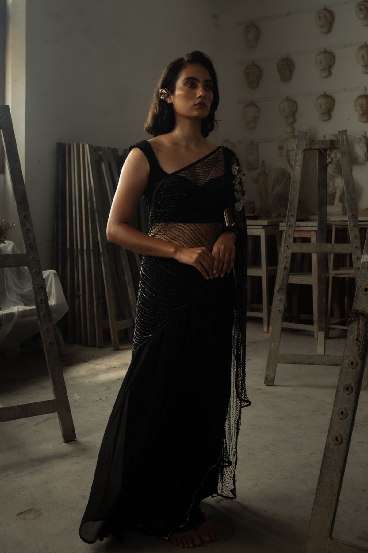 Charcoal Pearl Weave Black Saree