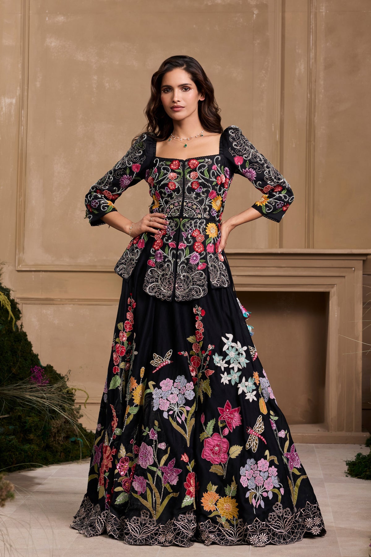 Black Floral Embroidered Panelled Jacket