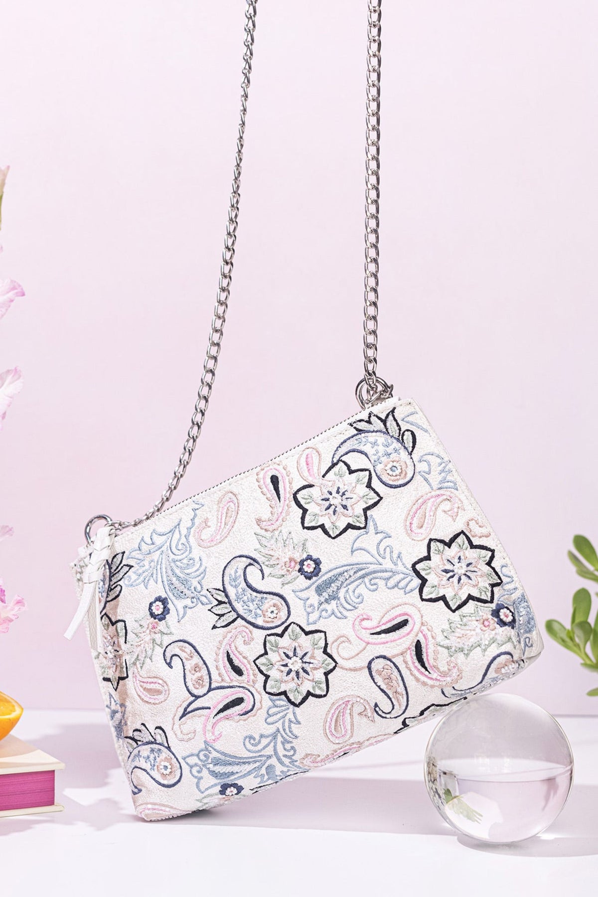 Carnation embroidered ivory shoulder bag