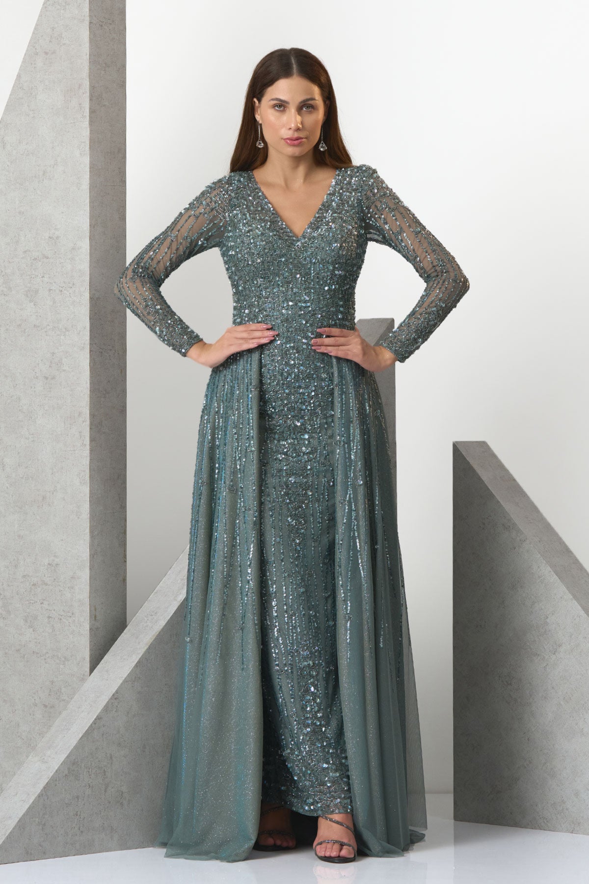 Blue V-neck Princess Evening Gown