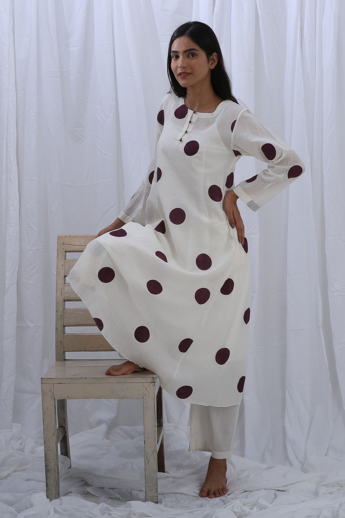 Berry Polka Kurta Set With Dupatta