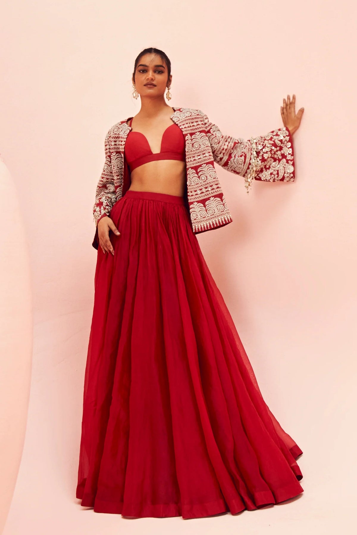 Love Red Lehenga And Embroiderd Jacket Set