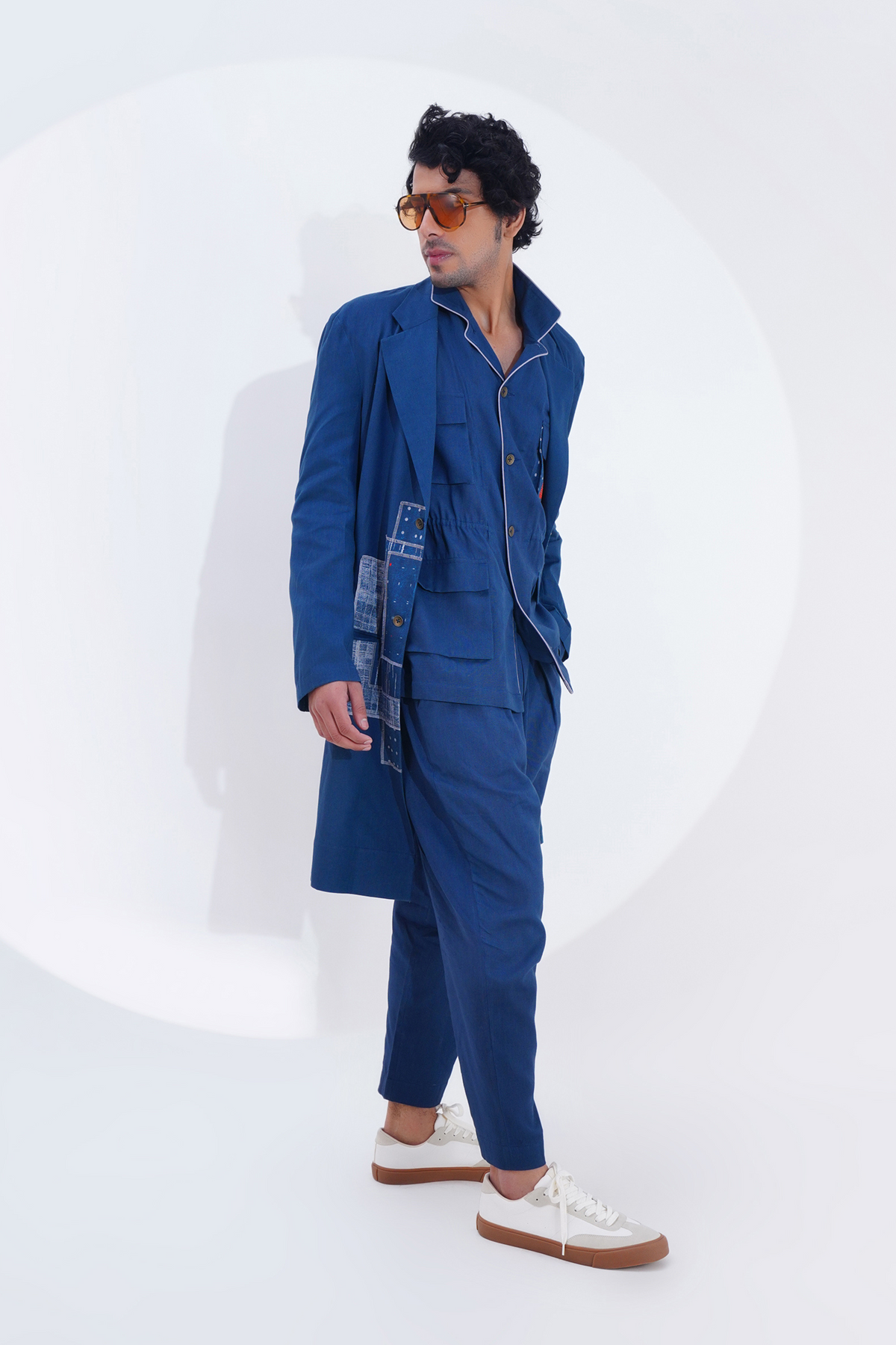 Indigo Plain Lapel Long Jacket